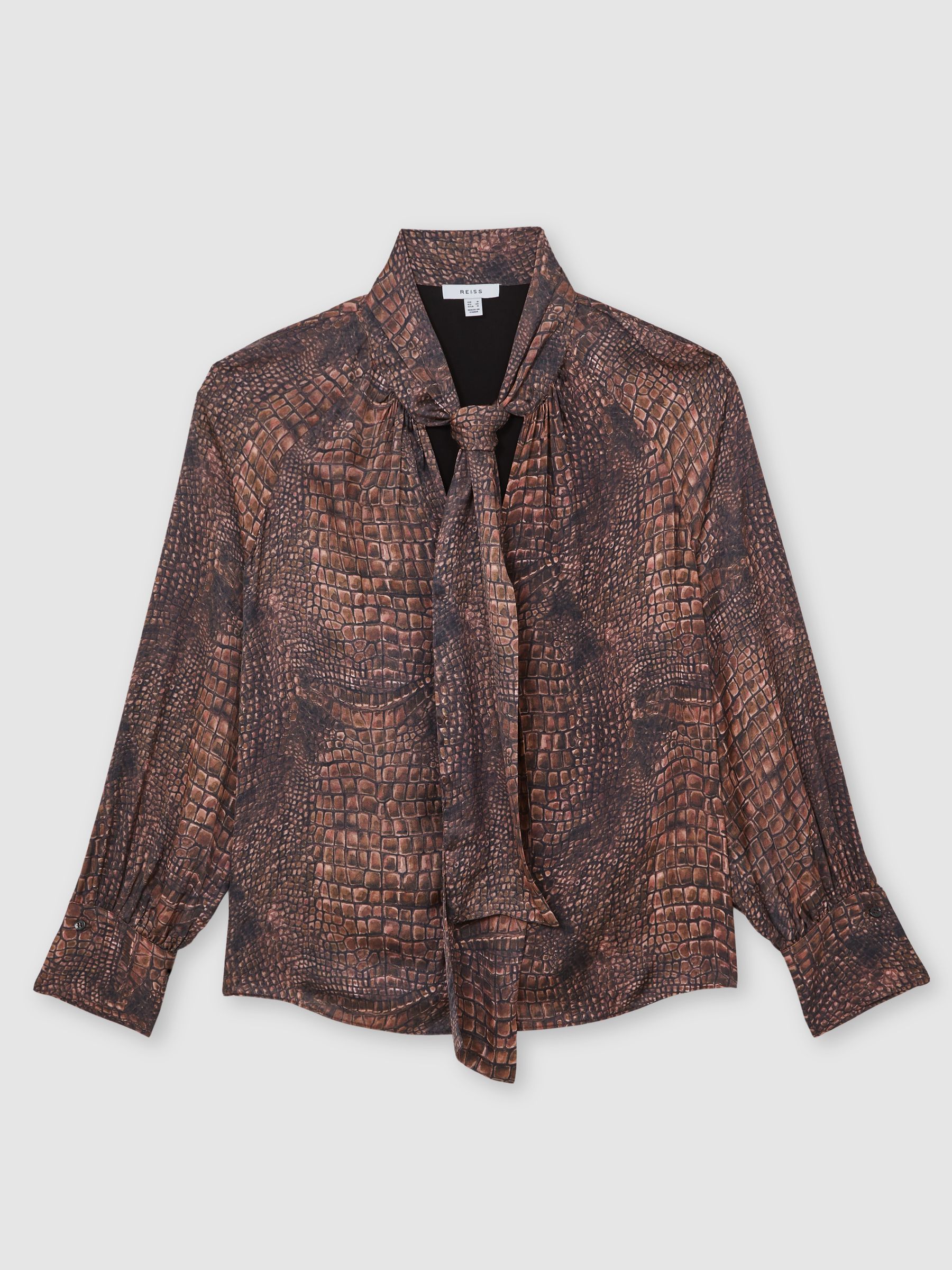 Crocodile-Print Tie-Neck Blouse in Brown