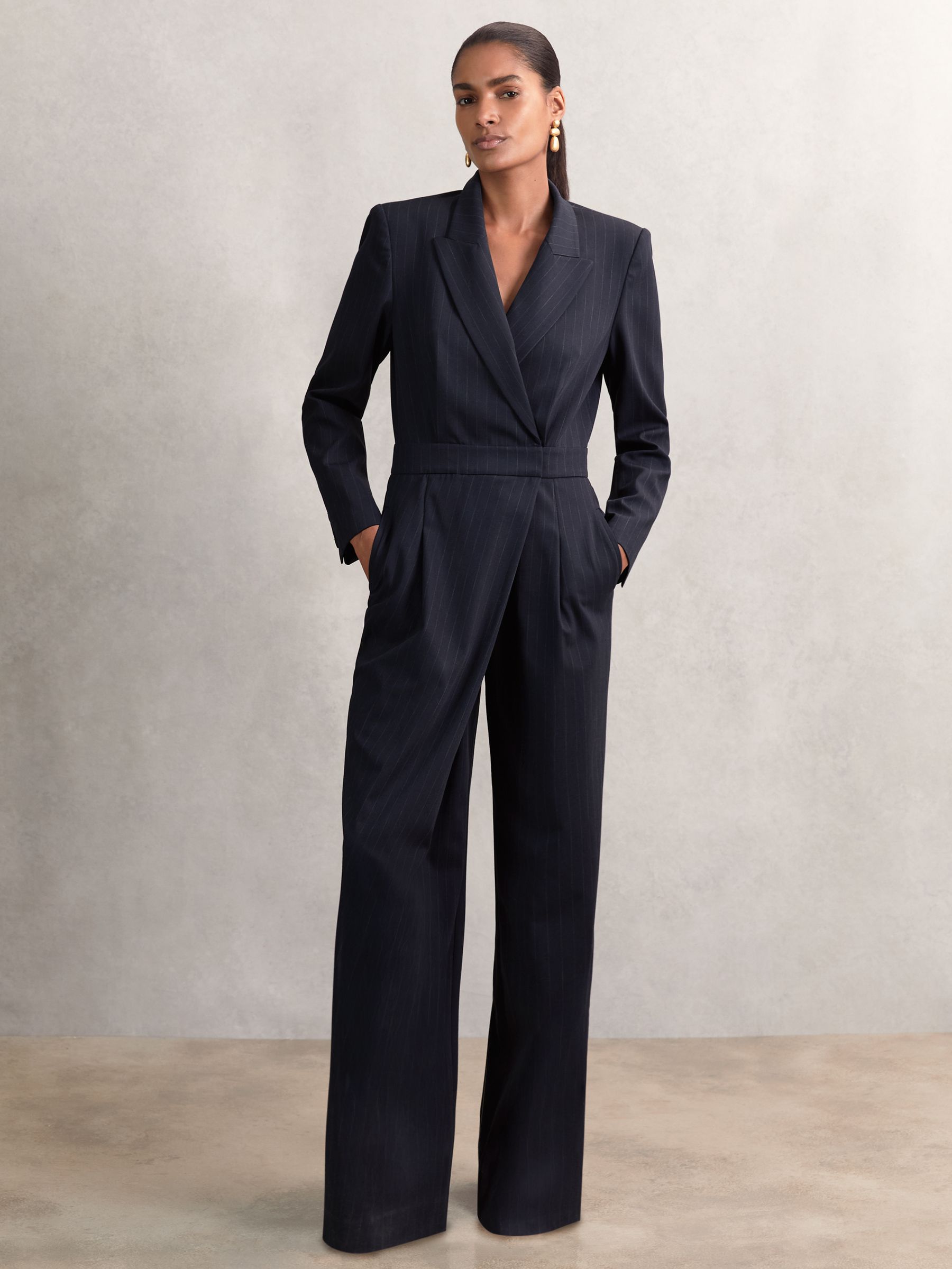 Pinstripe Tailored Wide-Leg Jumpsuit with Wool in Navy