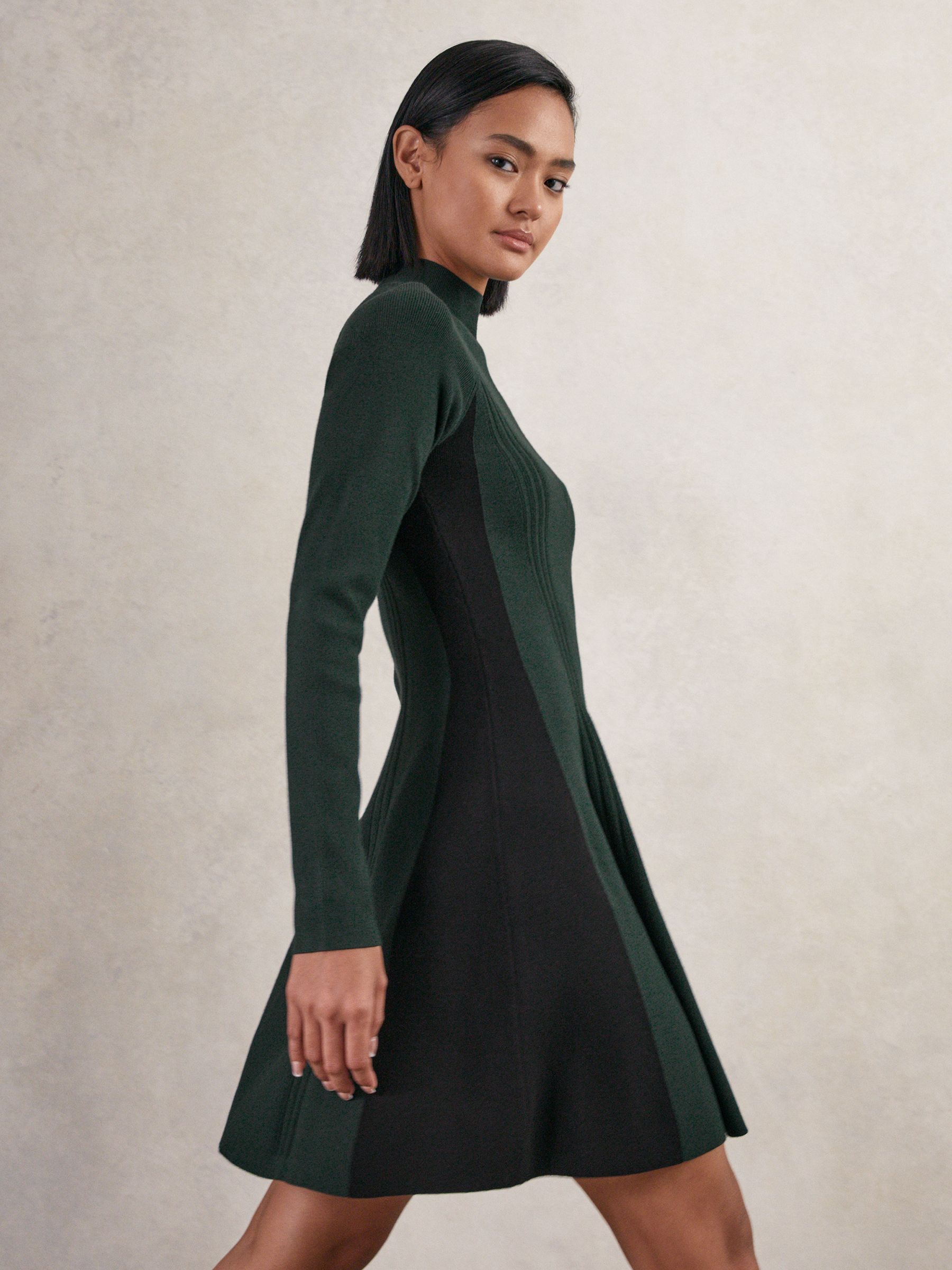 Knitted Contrast-Panel Skater Dress in Green/Black