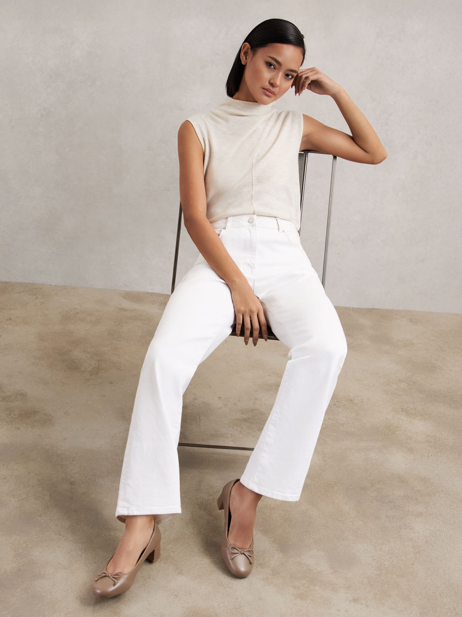 Leather Block Heel Ballerina Shoes in Neutral