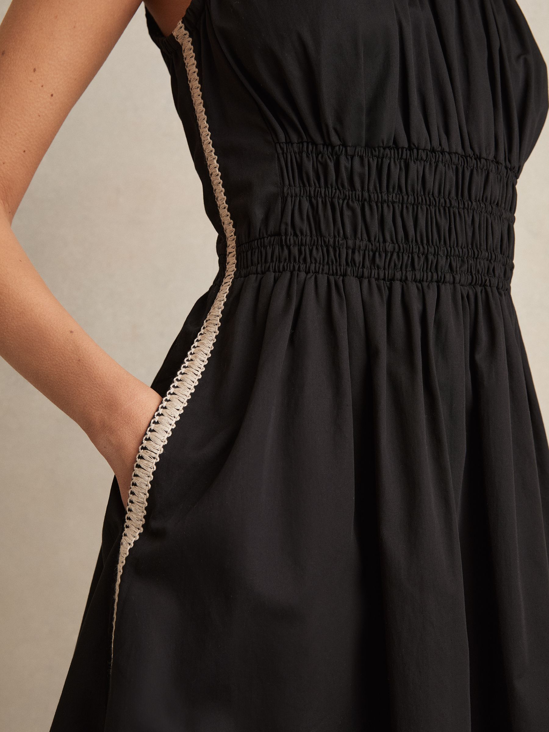 Cotton Craft-Stitch Shirred Mini Dress in Black