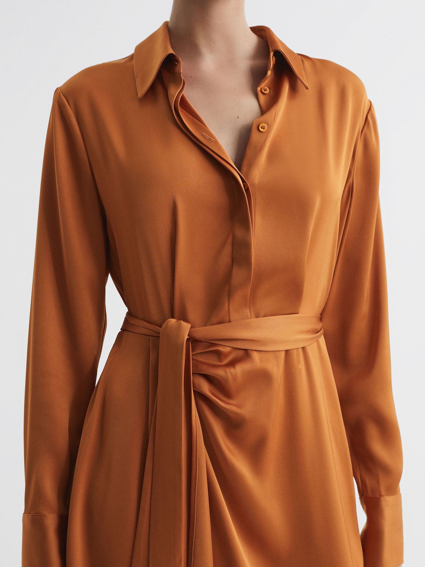 Satin Shirt-Style Midi Dress in Rust