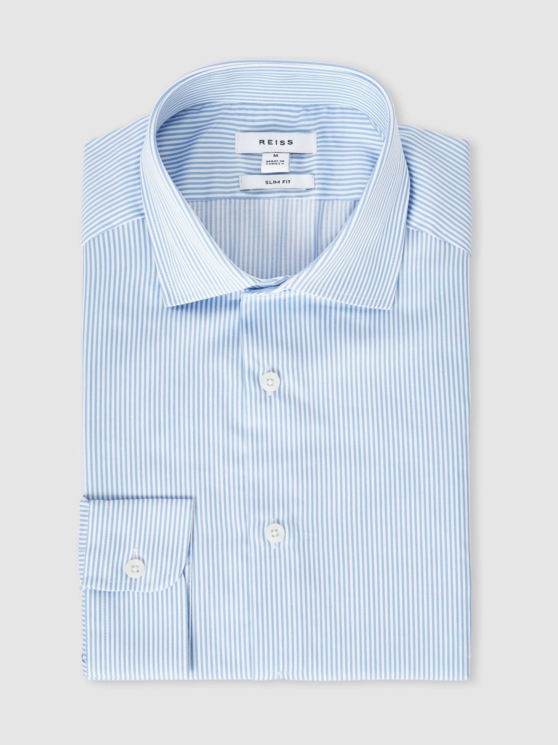 Slim Fit Cotton-Satin Cutaway-Collar Shirt in Blue Stripe