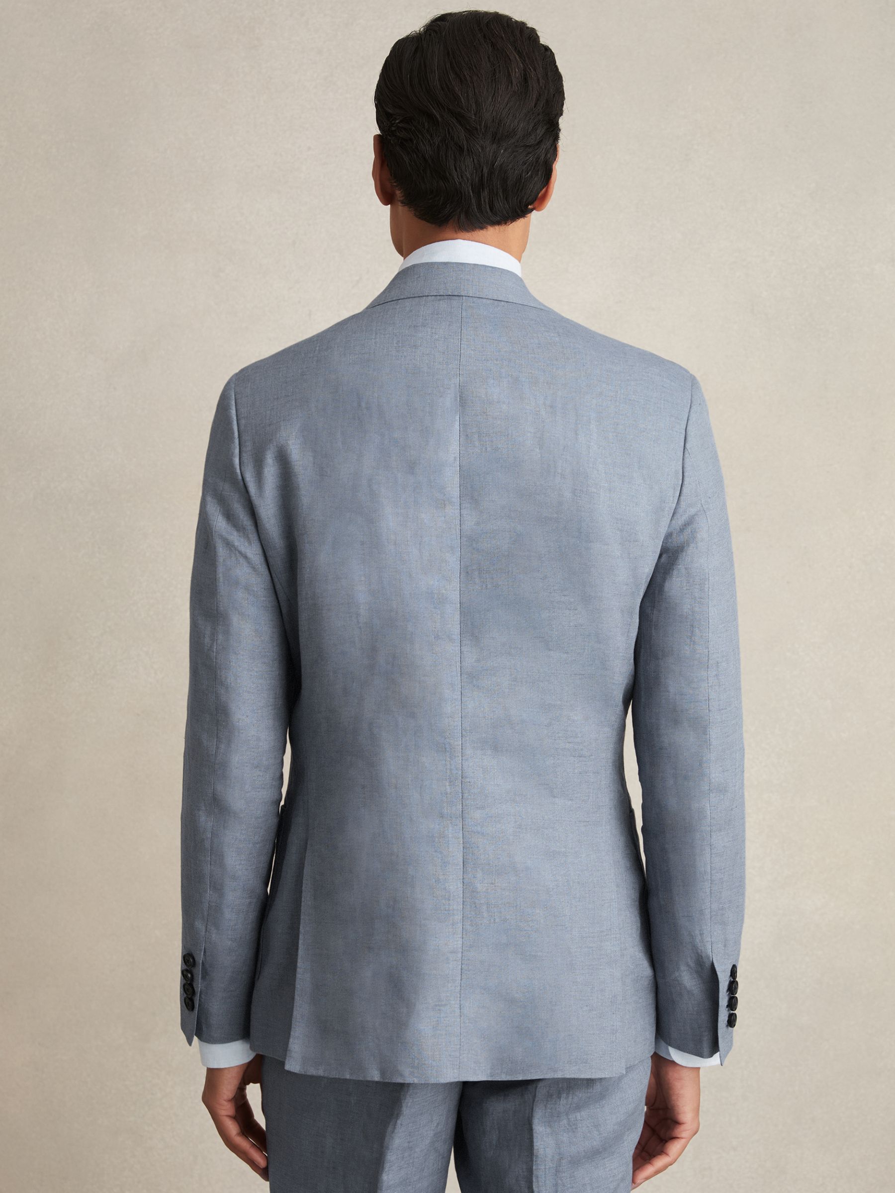 Slim-Fit Linen Double-Breasted Suit Blazer in Airforce Blue