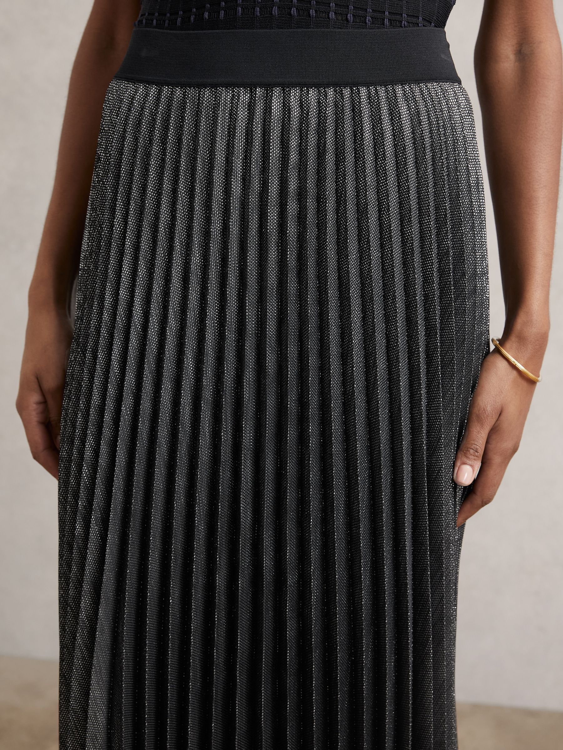Metallic Pleated Midi Skirt in Charcoal Grey