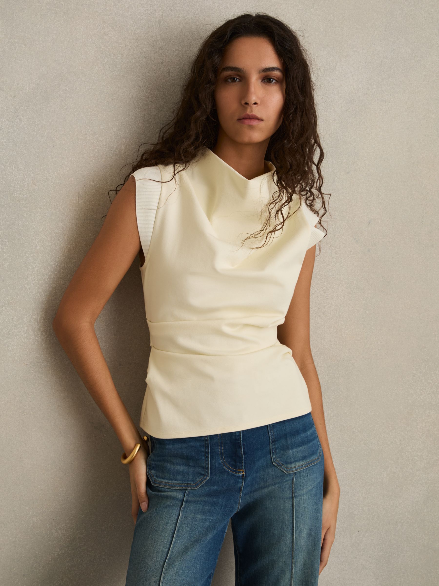 Draped Jersey-Twill Sleeveless Top in Pale Yellow