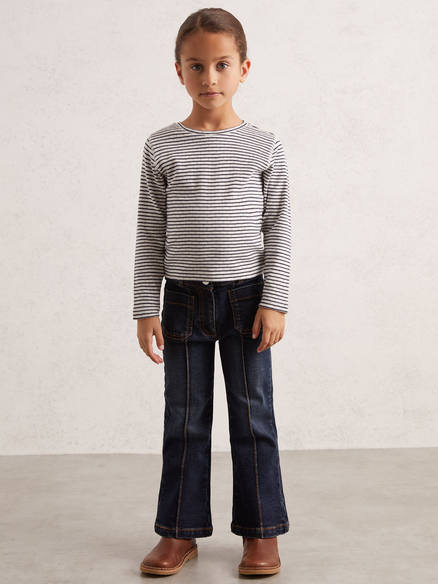 9-13 yrs Cotton Pointelle Long Sleeve Top in Navy/White
