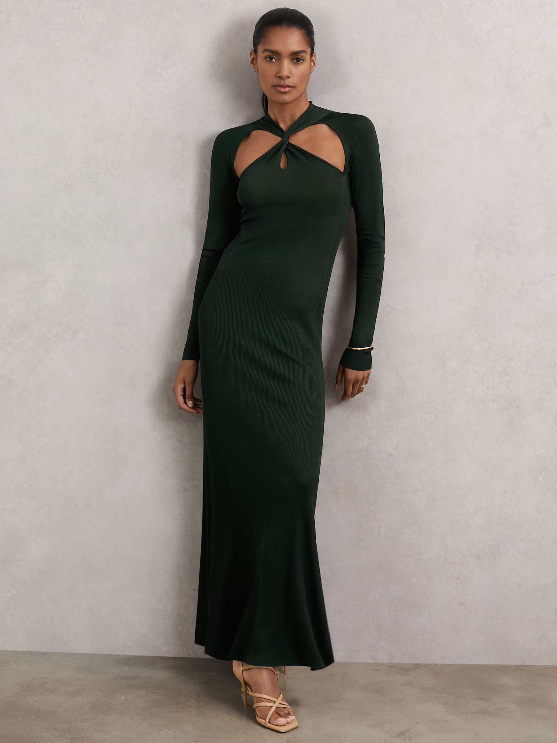 Petite Cut-Out Knitted Maxi Dress in Dark Green