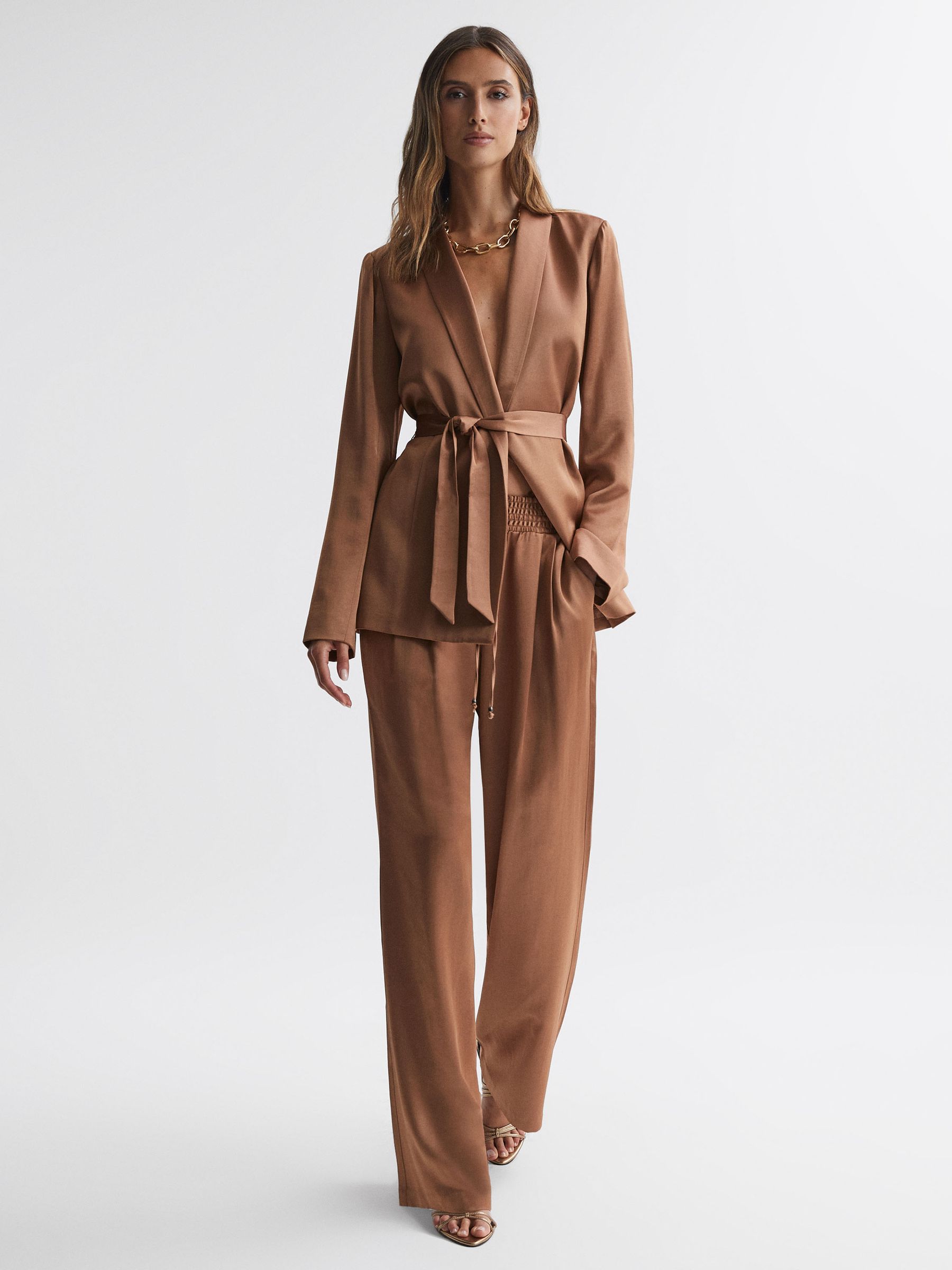 Paige Elasticated Wide Leg Suit Trousers in Camel