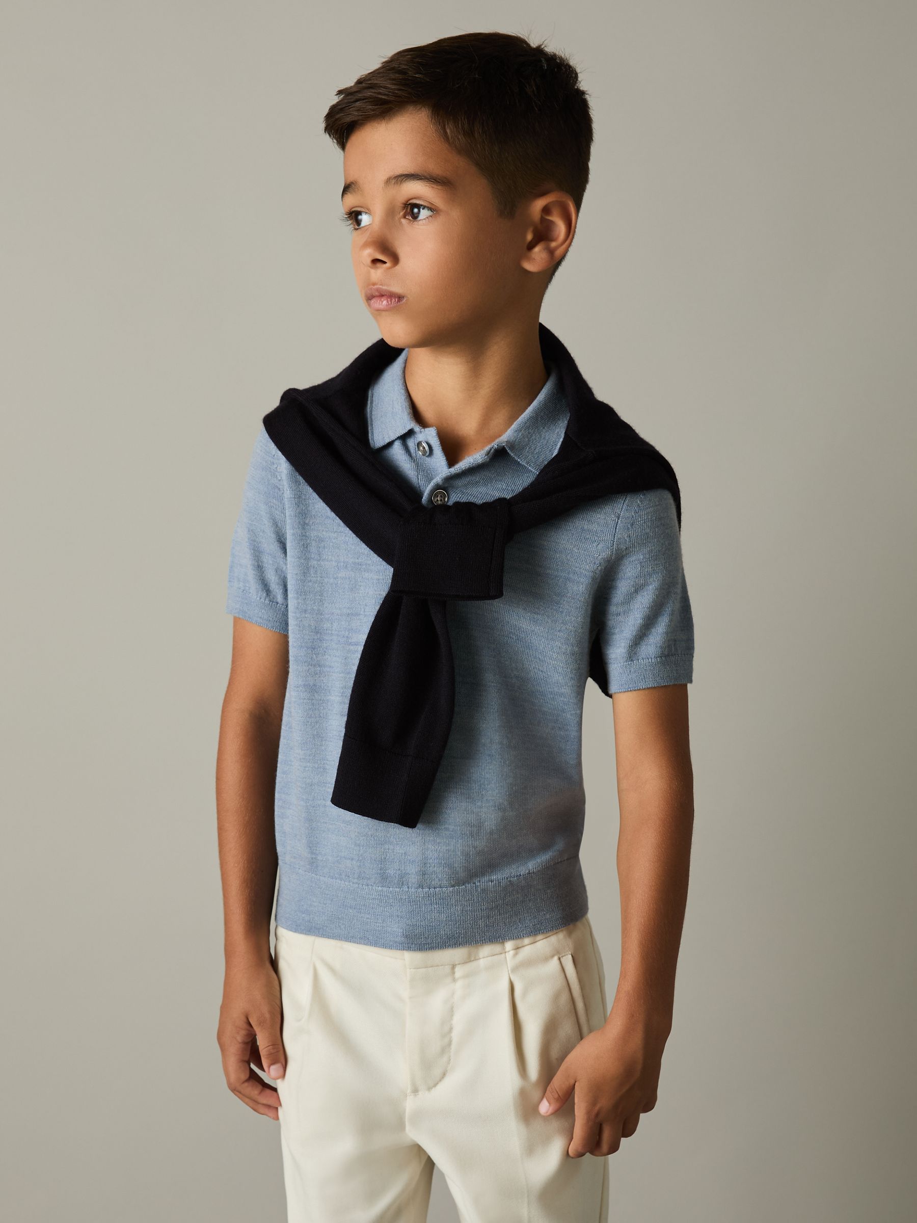 9-13 yrs Merino Polo Shirt in Soft Blue Melange