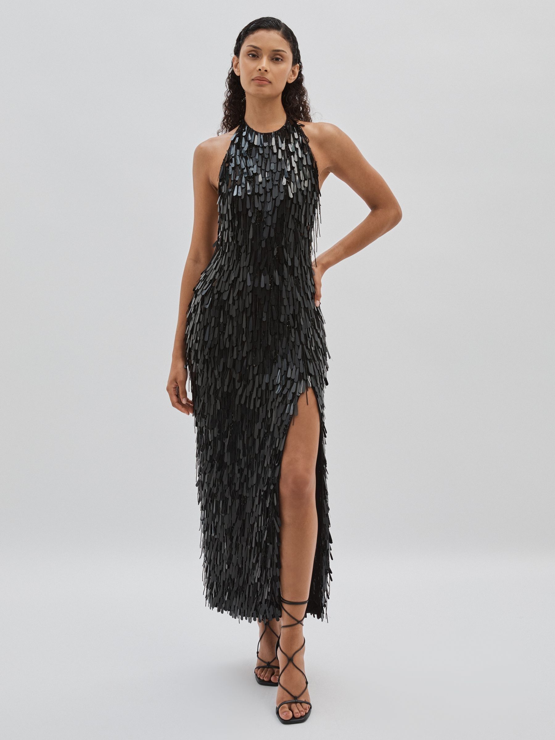 ILTA Sequinned and Beaded Halter-Neck Dress in Black