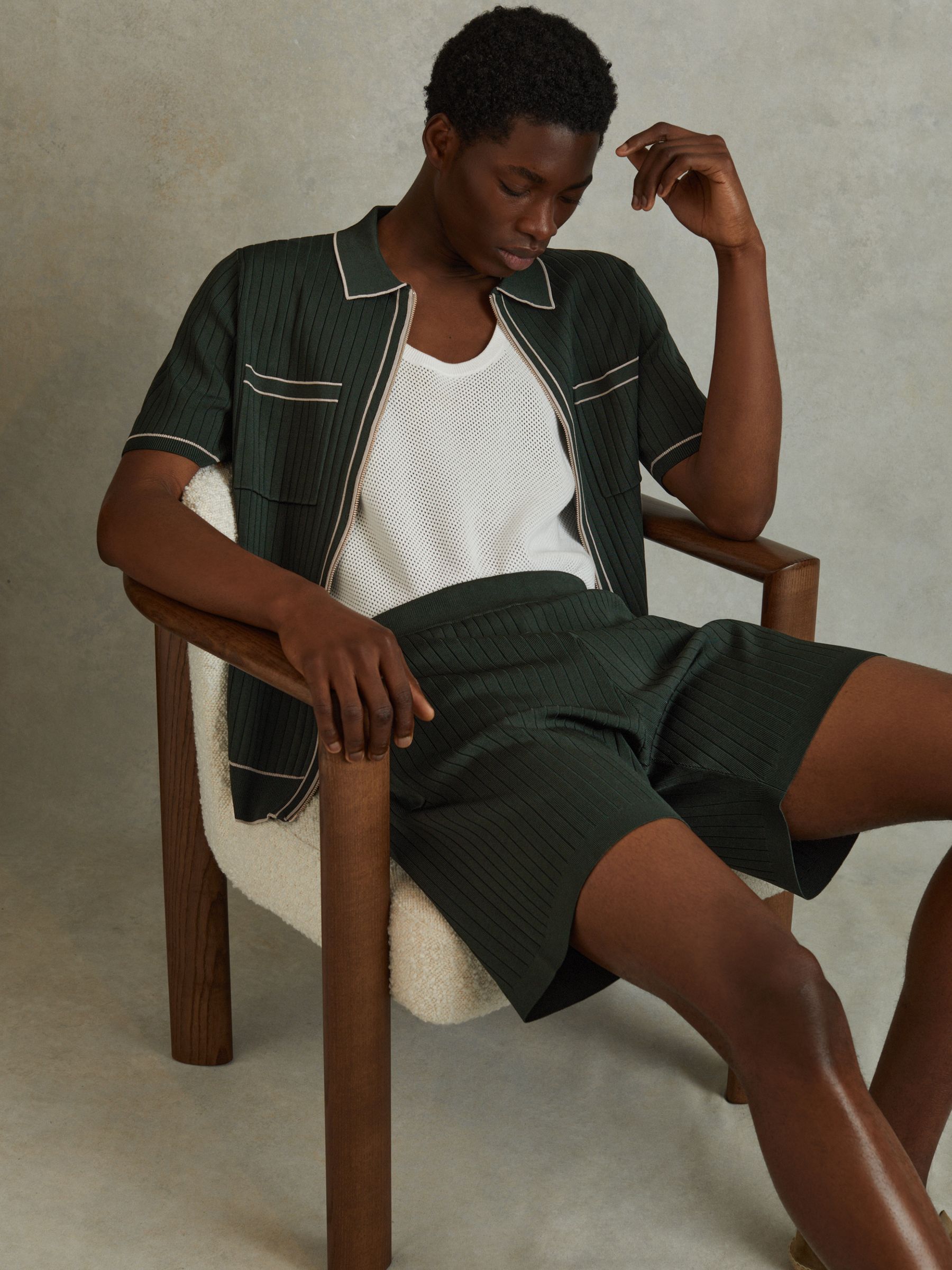 Ribbed Dual Zip-Front Shirt in Dark Green