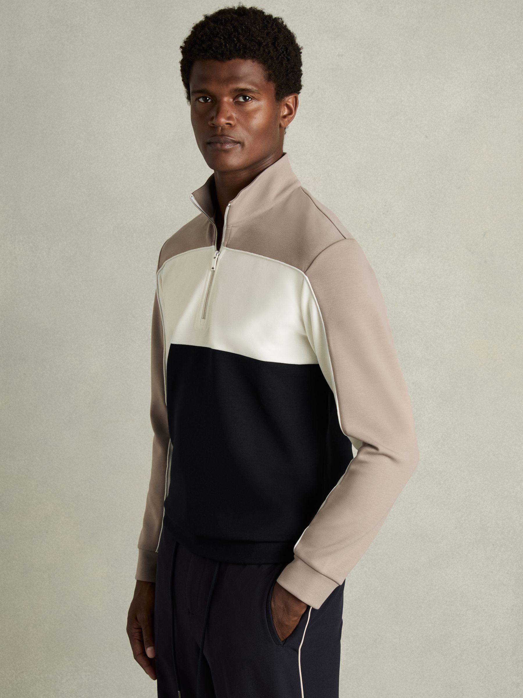 Interlock Colour-Block Half-Zip Sweatshirt in Navy/Taupe