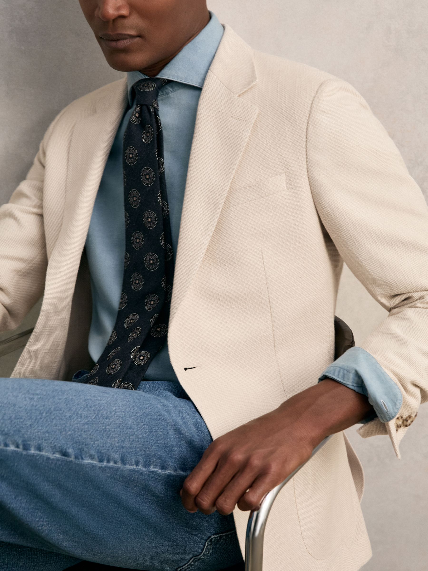 Slim Fit Single Breasted Textured Blazer with Cotton in Stone