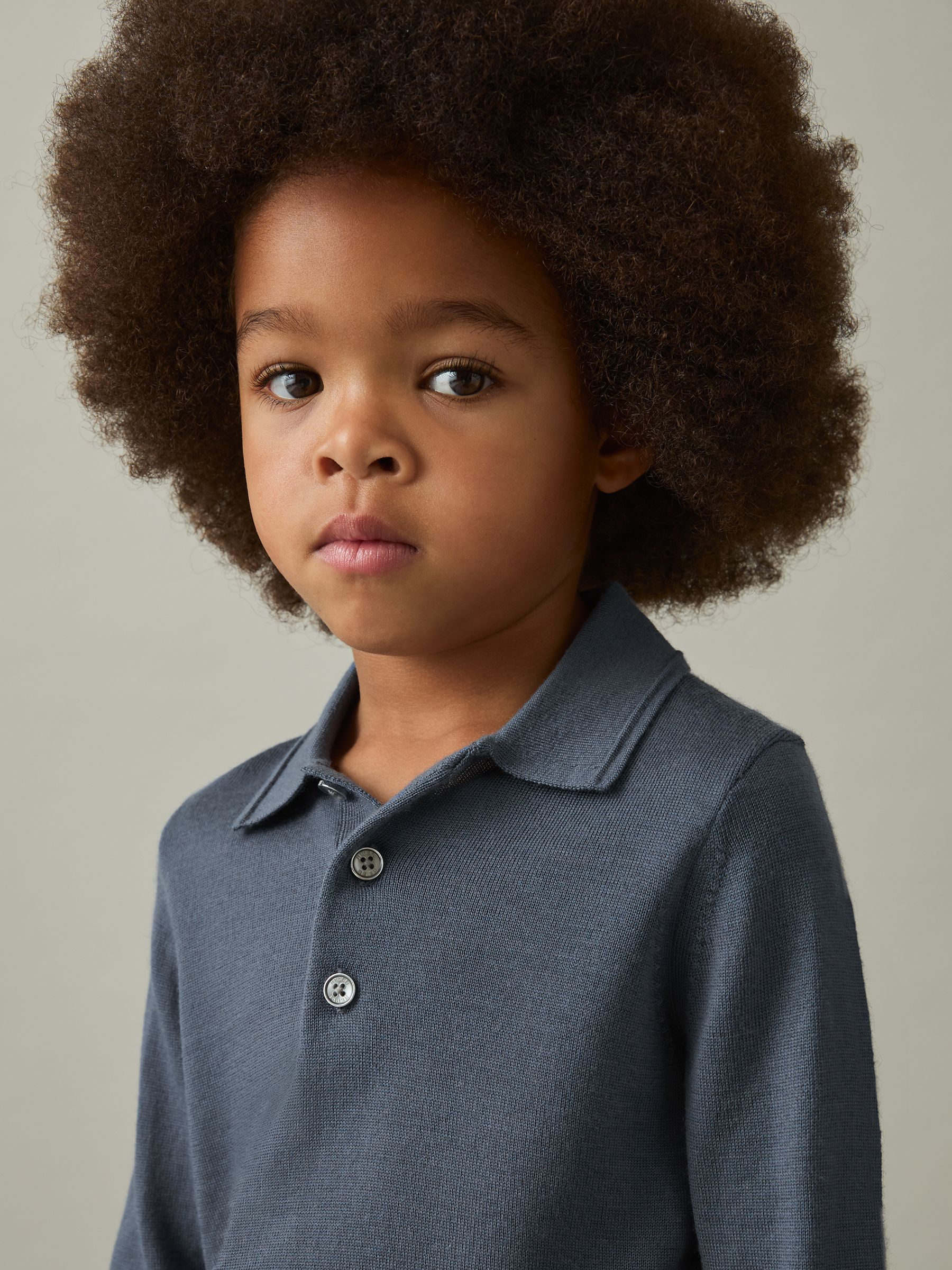 9-13 yrs Merino Wool Long-Sleeve Polo Shirt in Airforce Blue