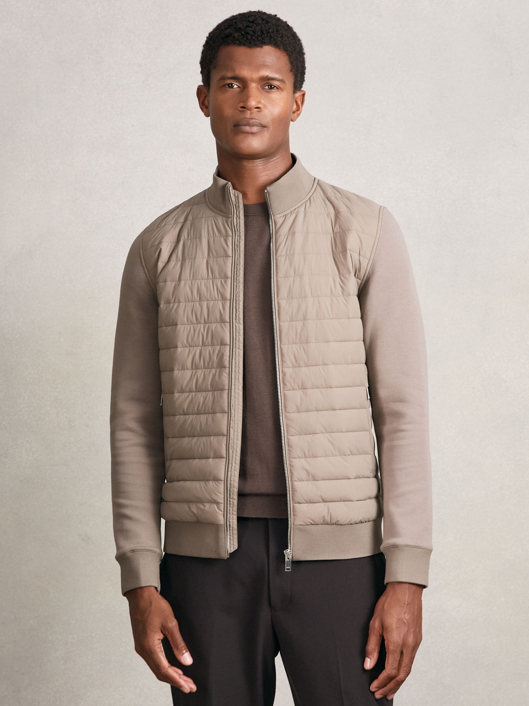 Hybrid Quilt and Knit Zip-Through Jacket in Taupe Brown
