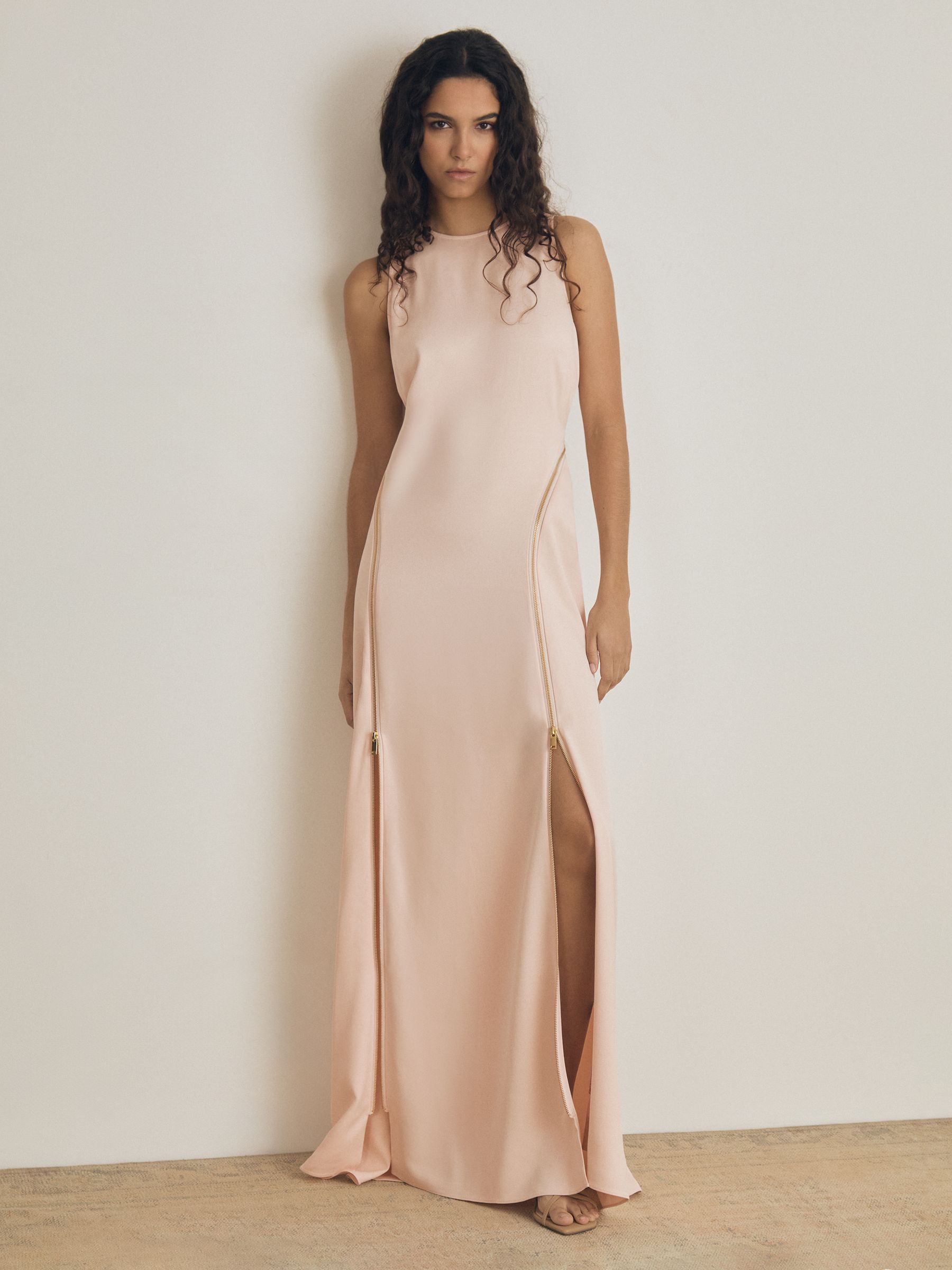 Atelier Zipped Satin Maxi Dress with Virgin Wool in Pink