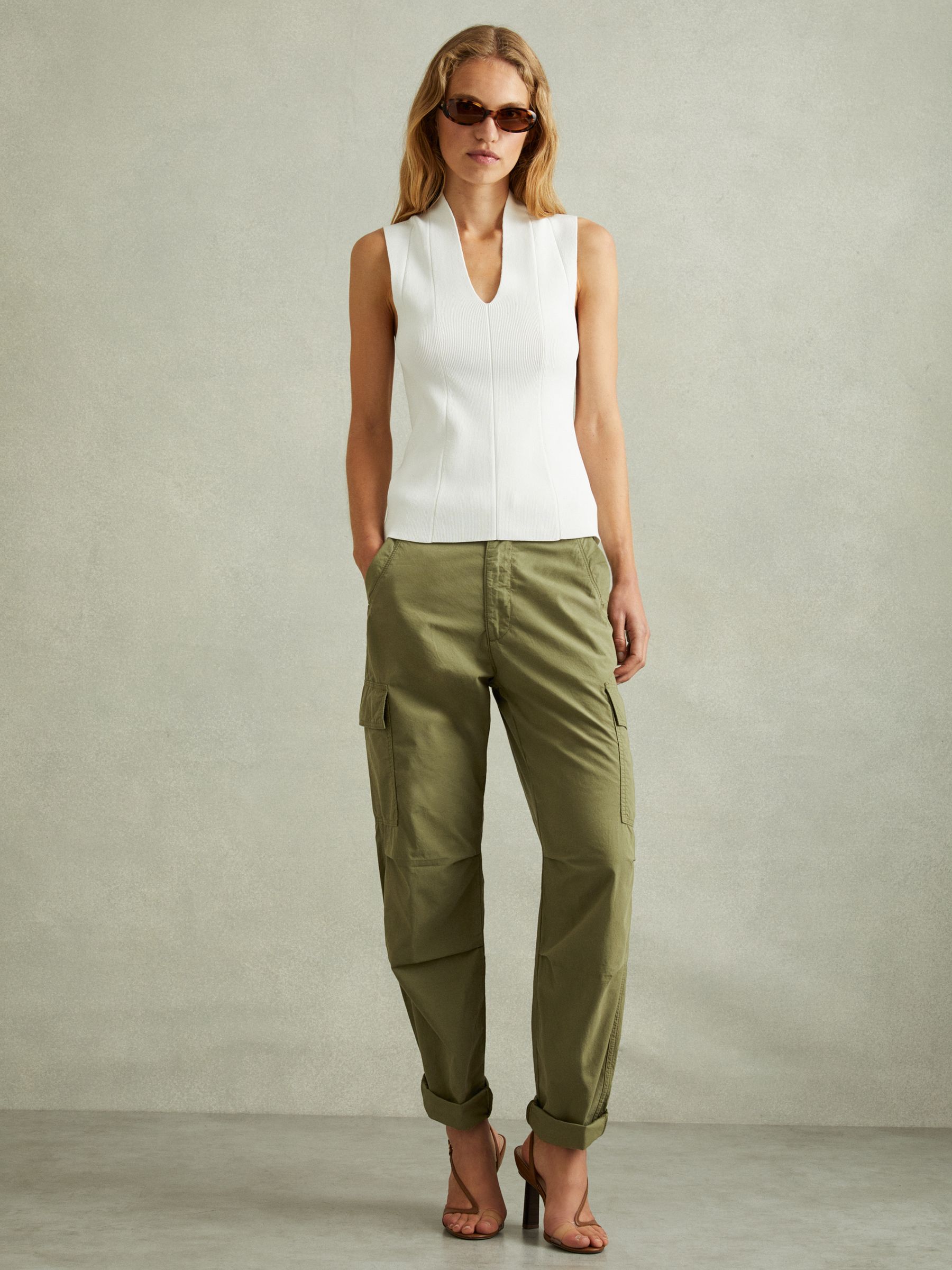 Tapered Drawstring Cotton Combat Trousers in Khaki
