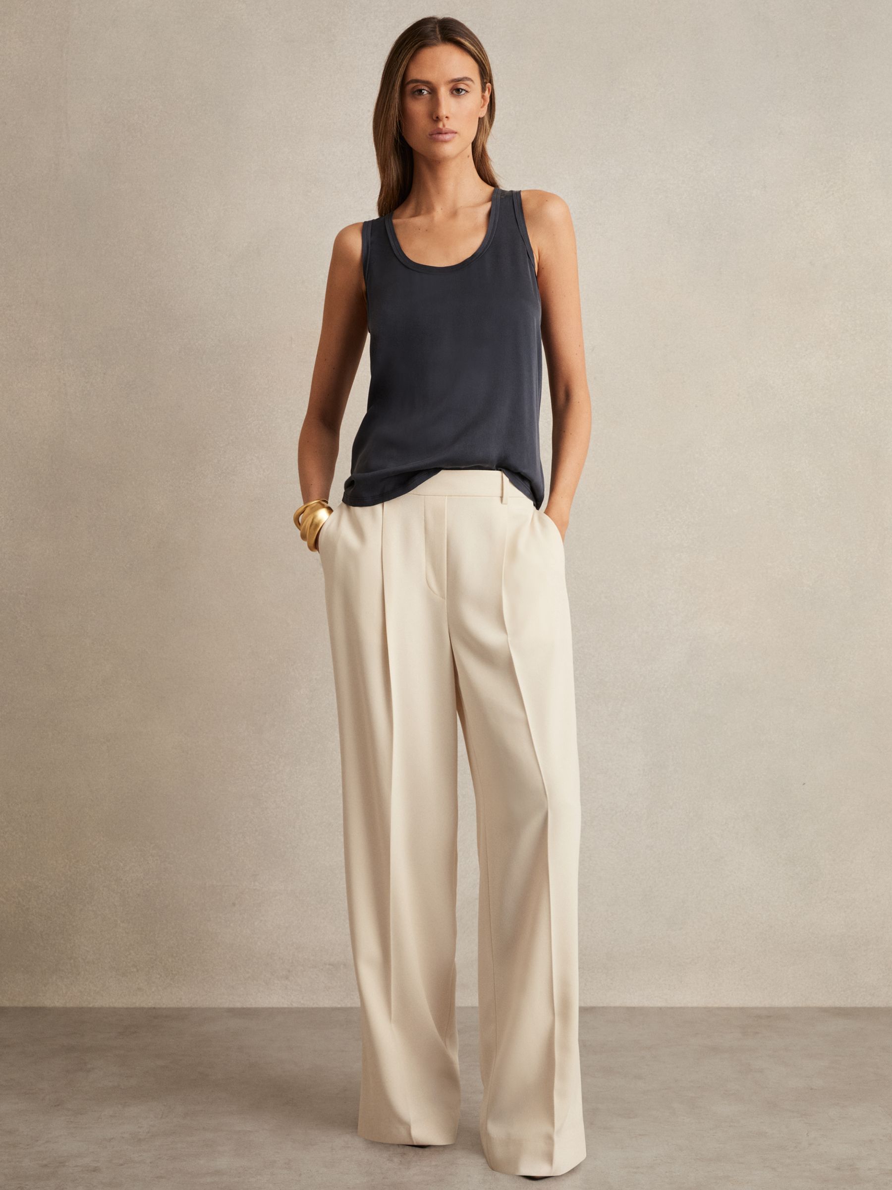 Petite Elasticated-Waist Wide-Leg Twill Trousers in Cream