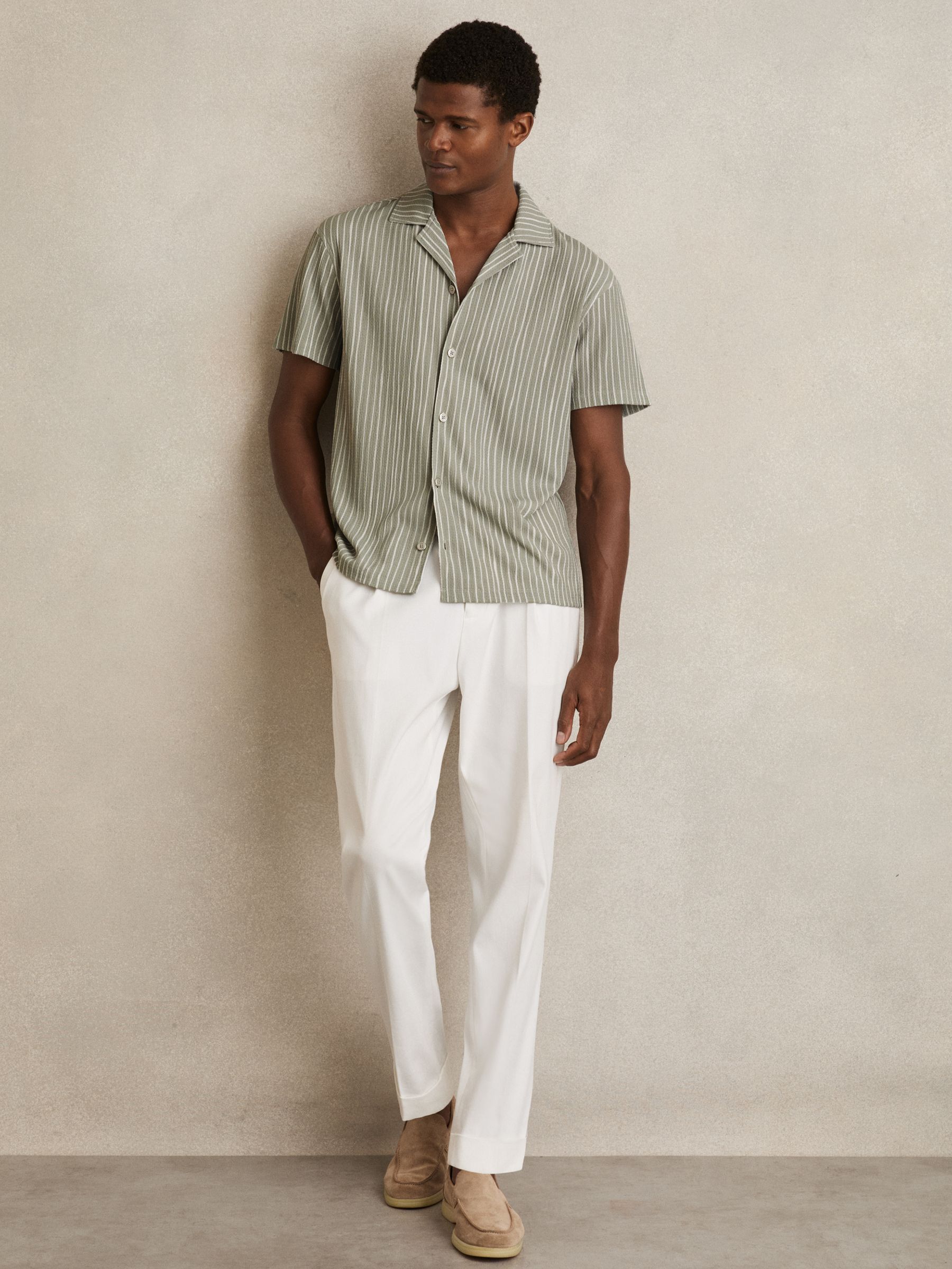 Textured Stripe Cuban Collar Shirt in Sage/White