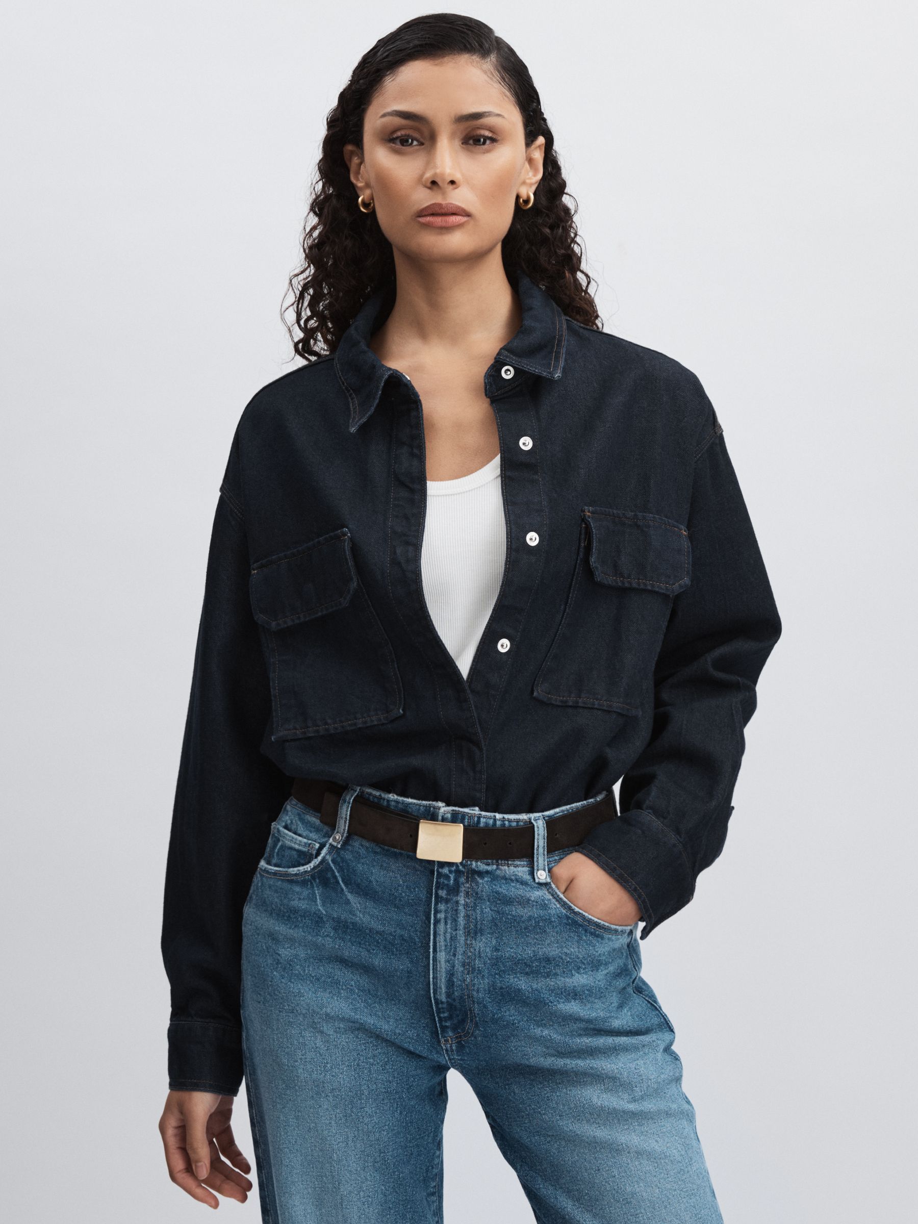 Good American Oversized Denim Shirt in Dark Indigo