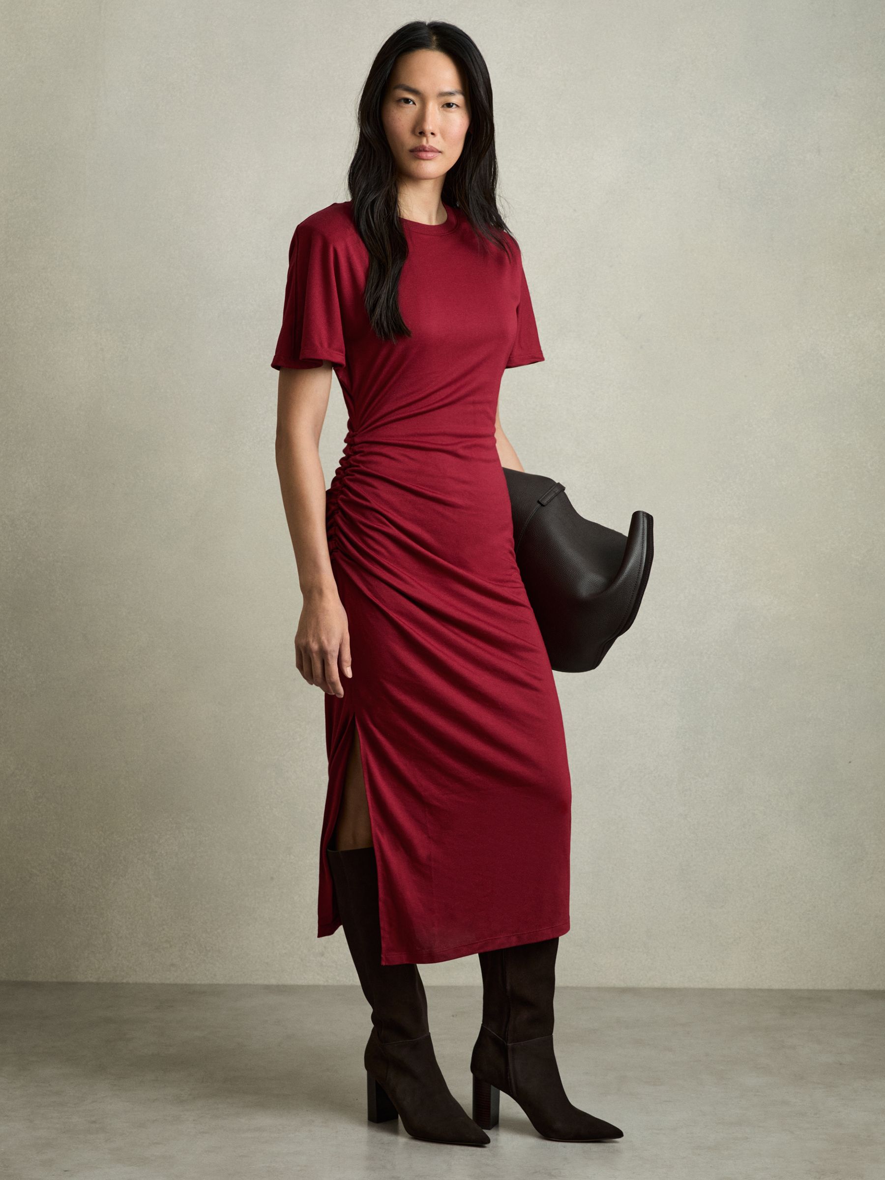 Modal-Blend Ruched Midi Dress in Red