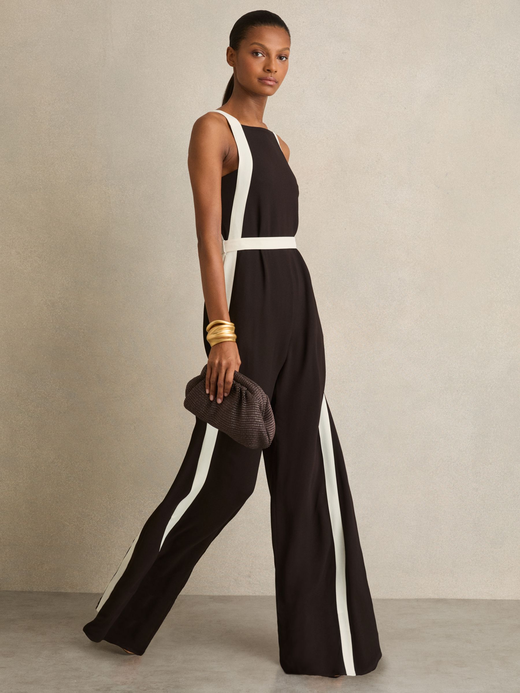 Colourblock Wide Leg Belted Jumpsuit in Chocolate/Cream
