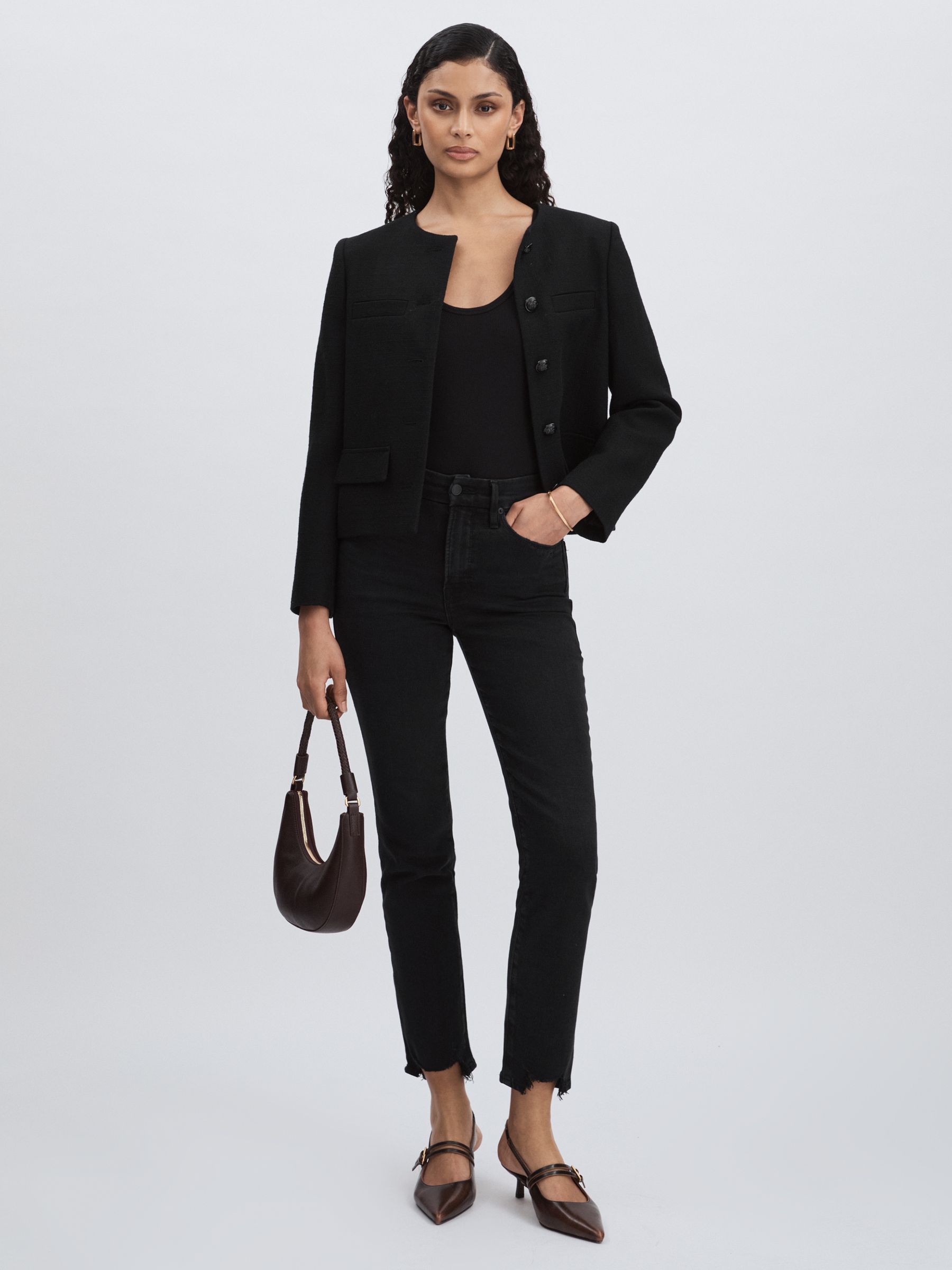 Good American Distressed-Hem Cropped Jeans in Black