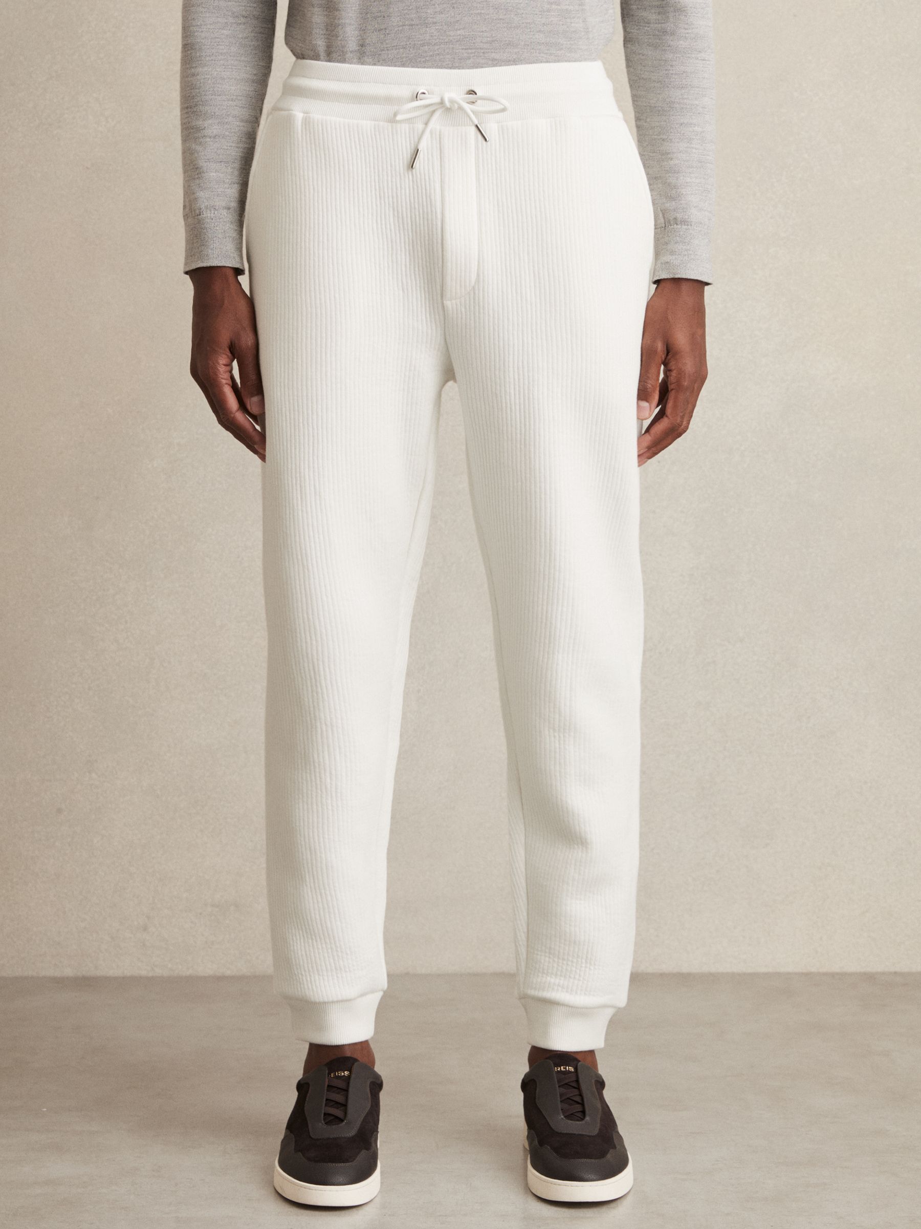 Cotton-Blend Ribbed Drawstring Joggers in White