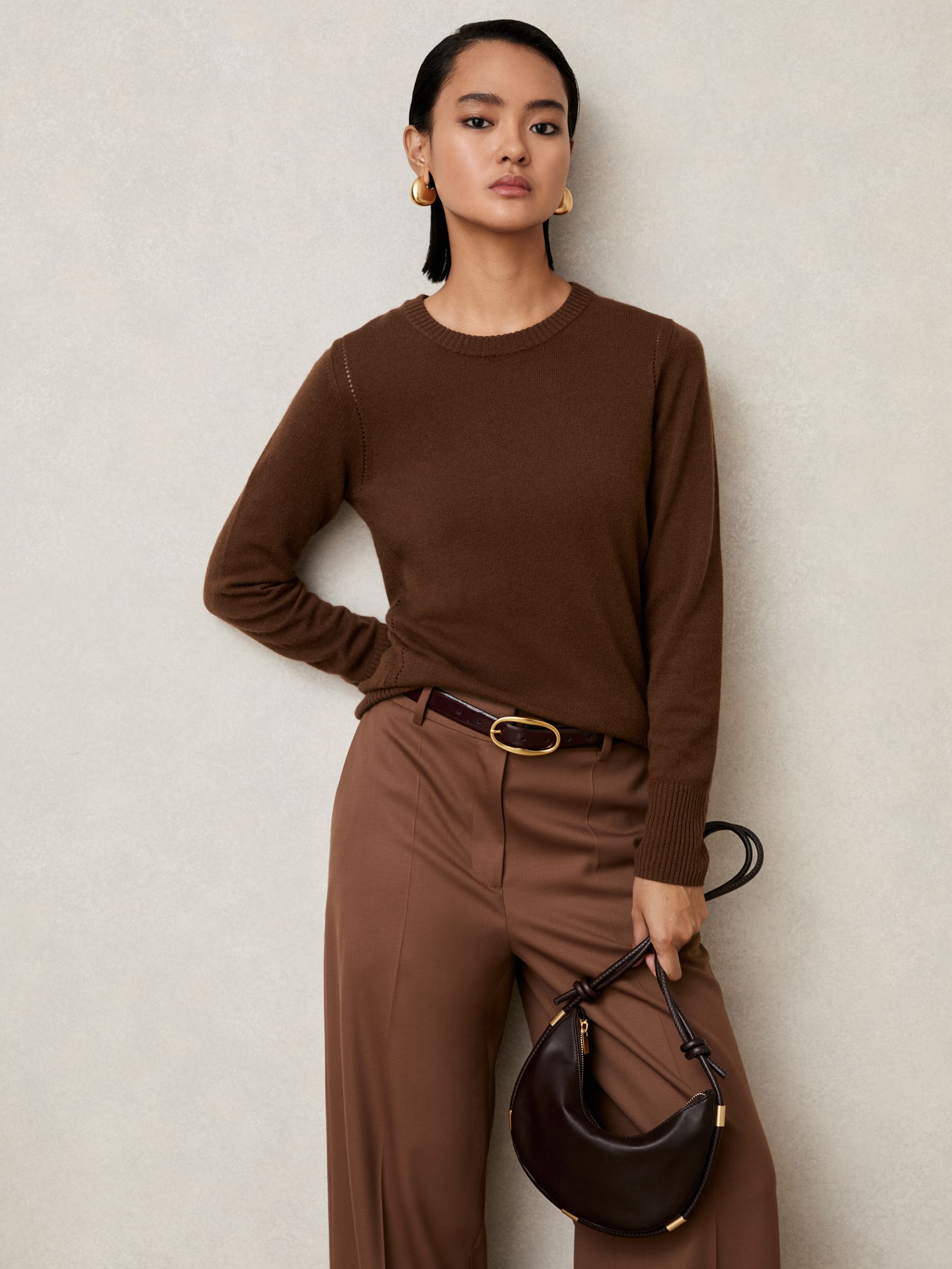 Wool-Blend Open-Stitch Jumper with Cashmere in Toffee Brown