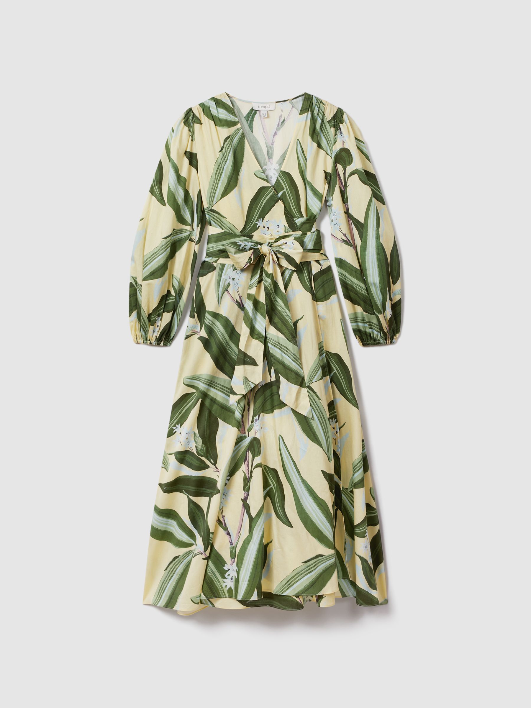 Florere Printed Wrap Midi Dress in Pale Yellow