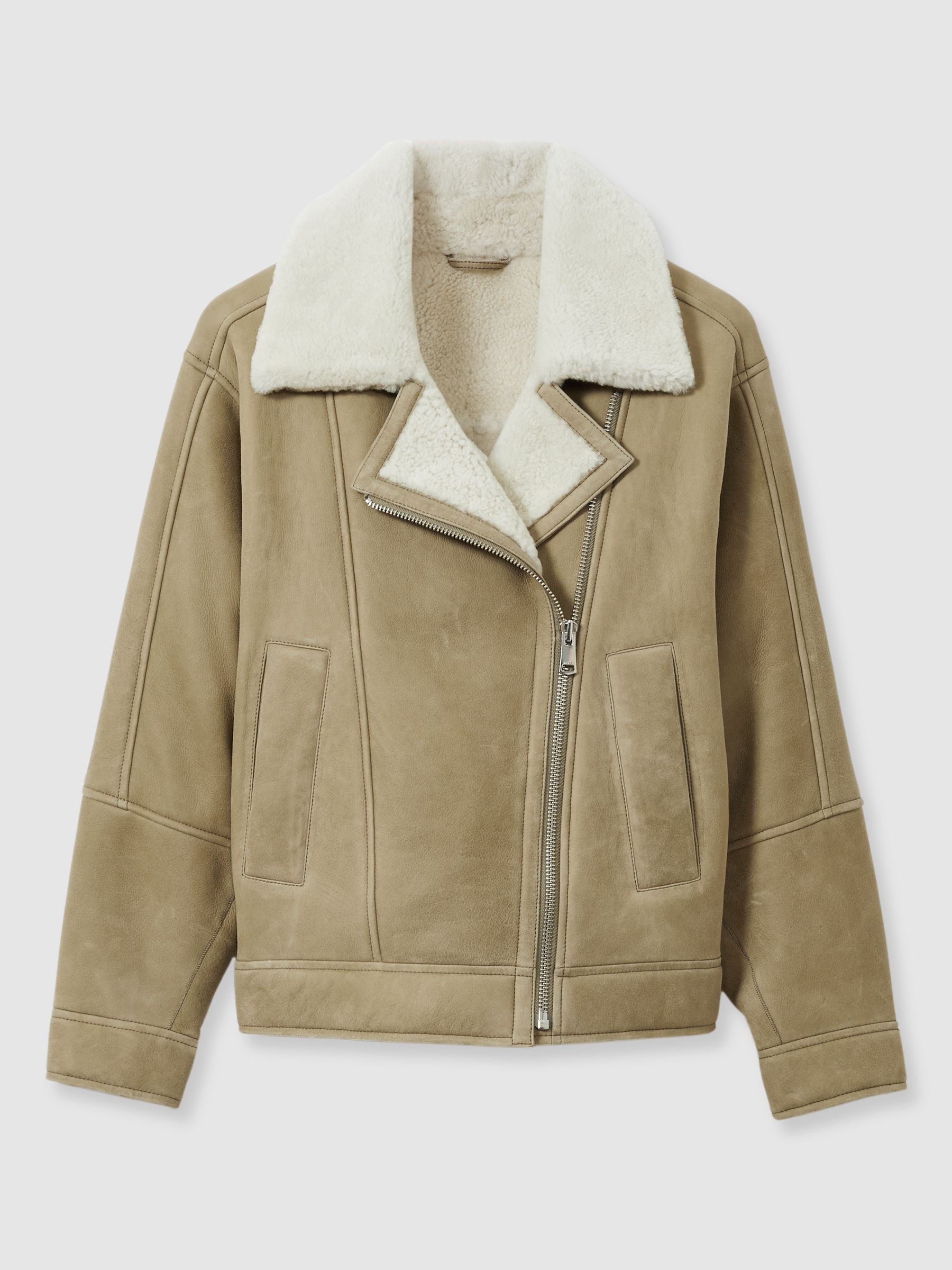 Shearling-Lined Leather Aviator Jacket in Light Green