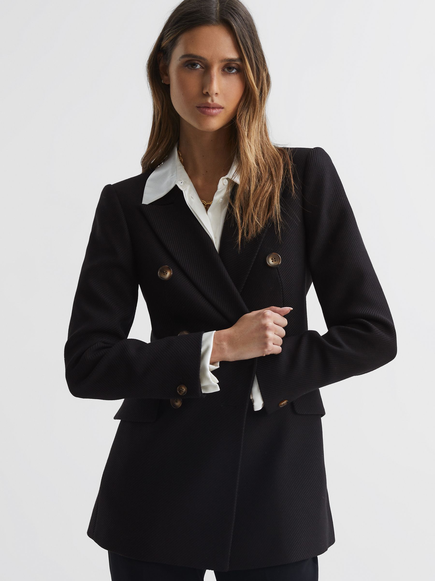Petite Double Breasted Twill Blazer in Black