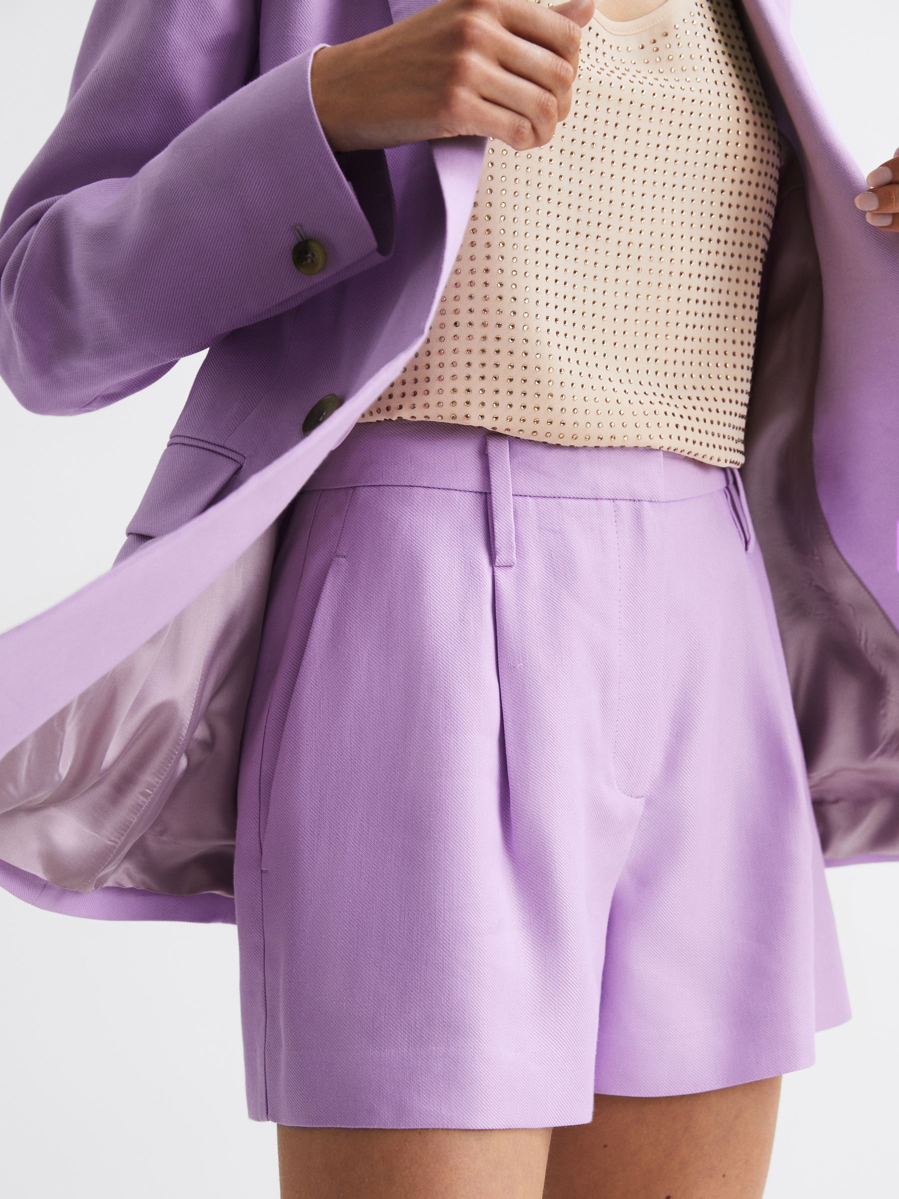 Linen Pleat Front Shorts in Lilac