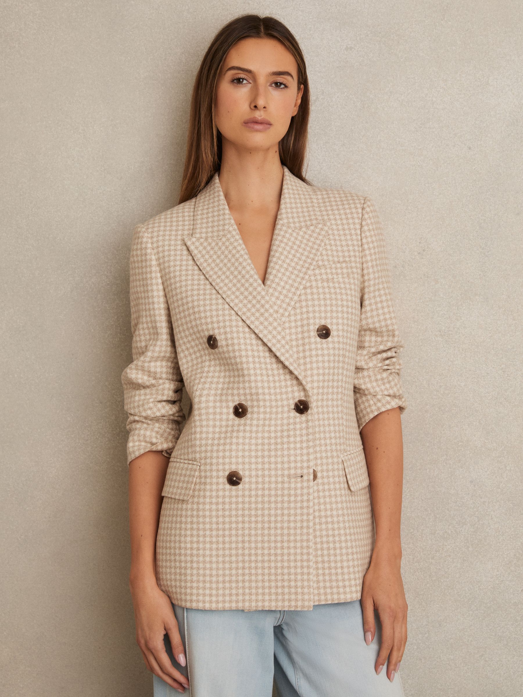 Petite Double Breasted Check Blazer With Wool in Neutral Check