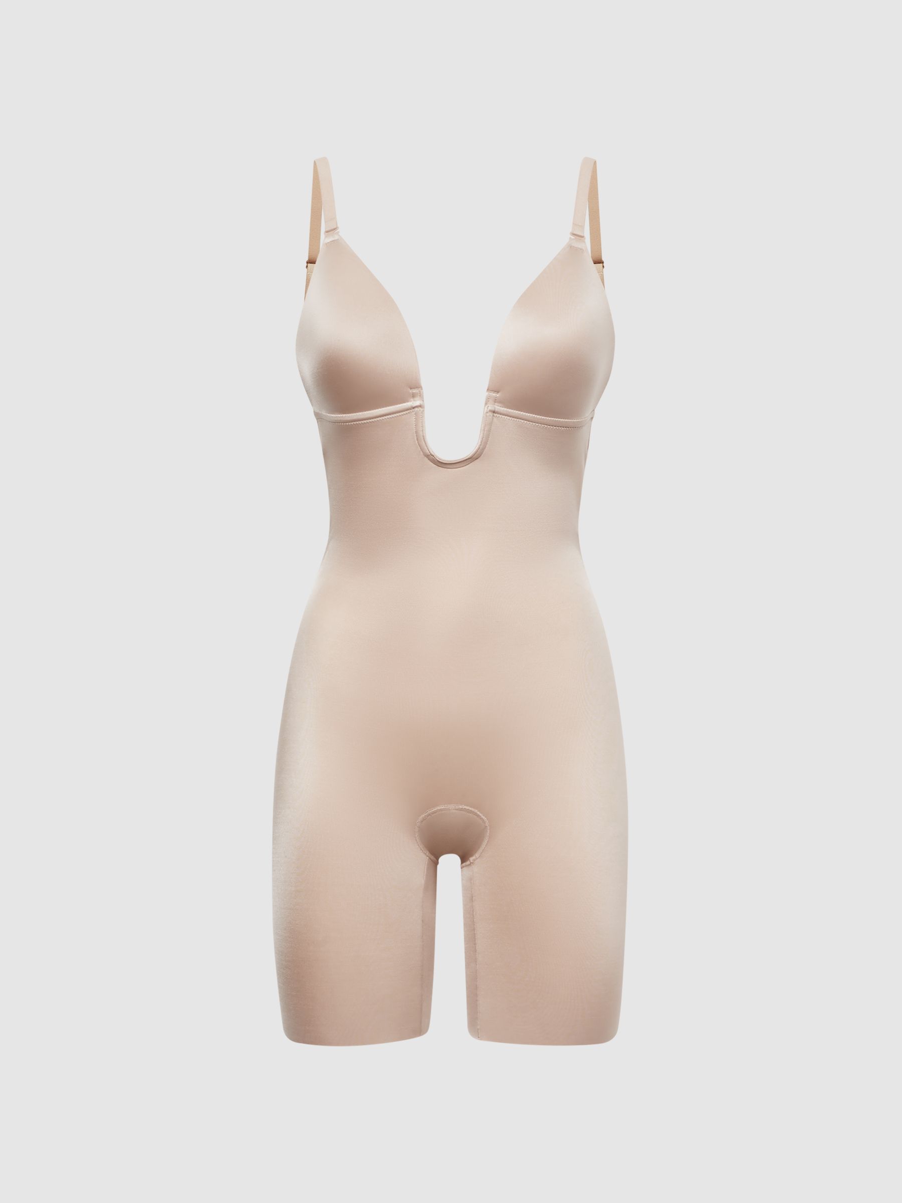 Spanx Shapewear Firming Plunge Low-Back Mid-Thigh Bodysuit in Champagne