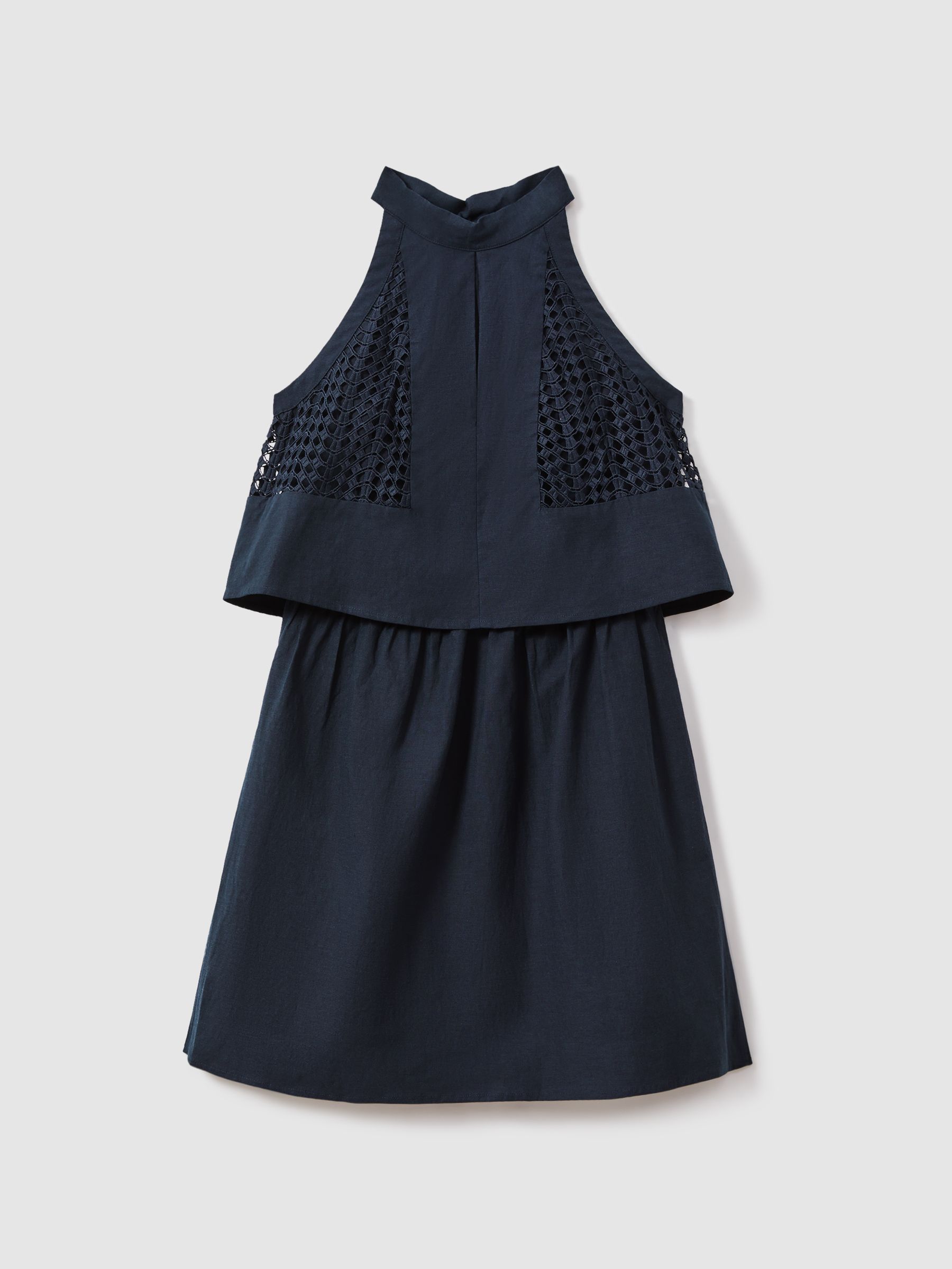 Broderie Halter Neck Mini Dress With Linen in Navy