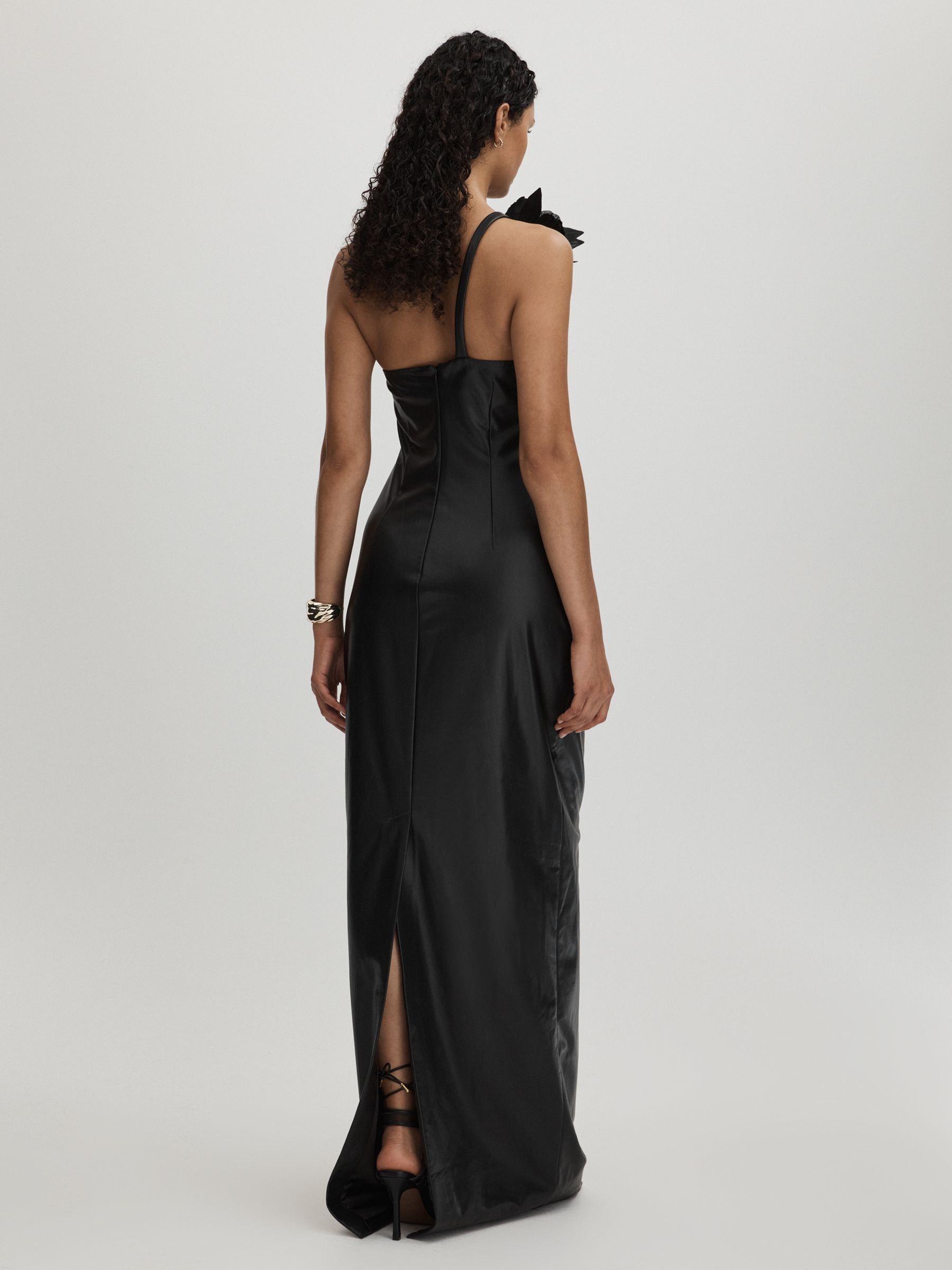 Halston Faux Leather One-Shoulder Maxi Dress in Black