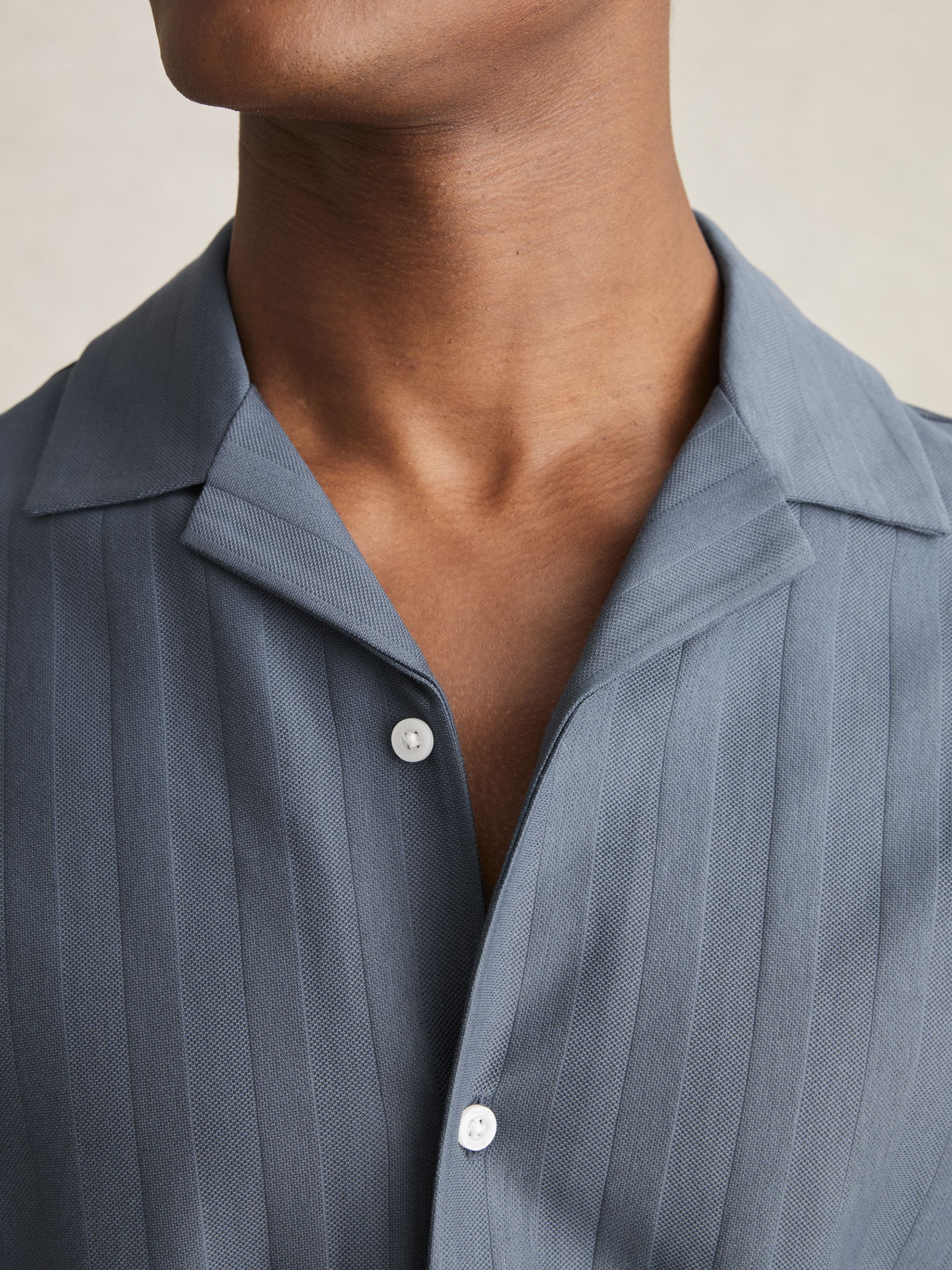Cotton Textured Cuban-Collar Shirt in Airforce Blue