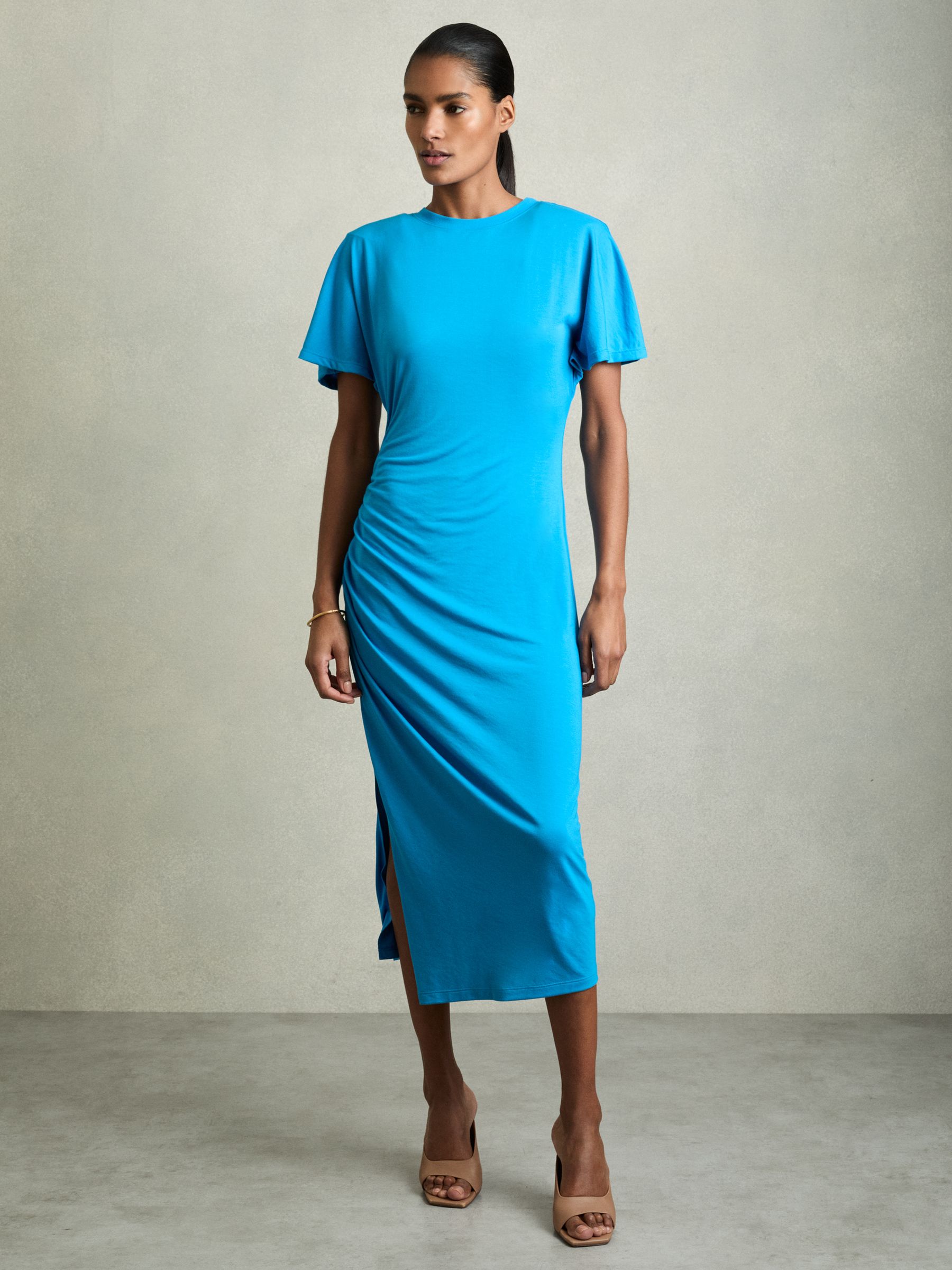 Modal-Blend Ruched Midi Dress in Bright Blue