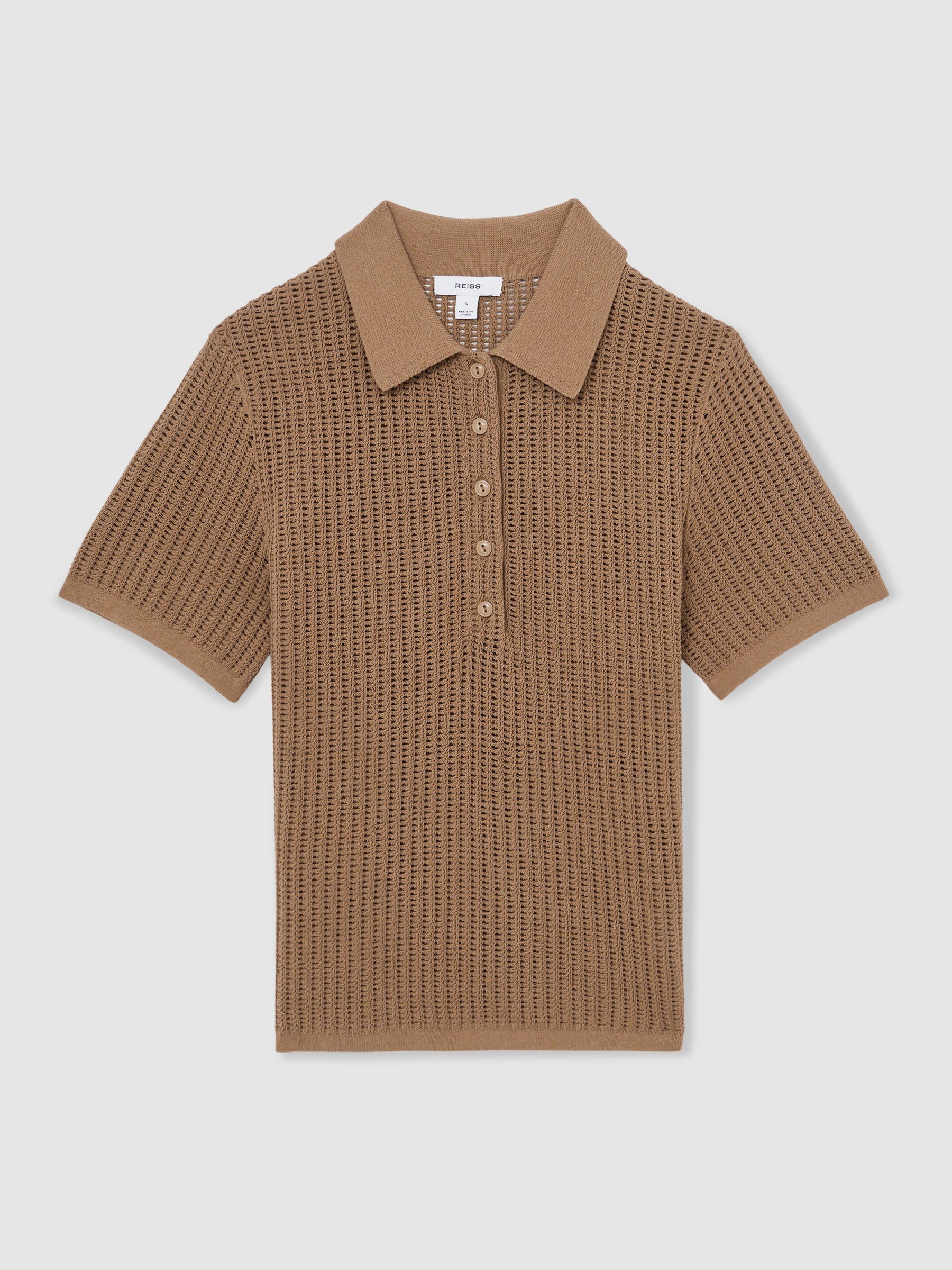 Cotton-Blend Open-Knit Polo Shirt in Tan