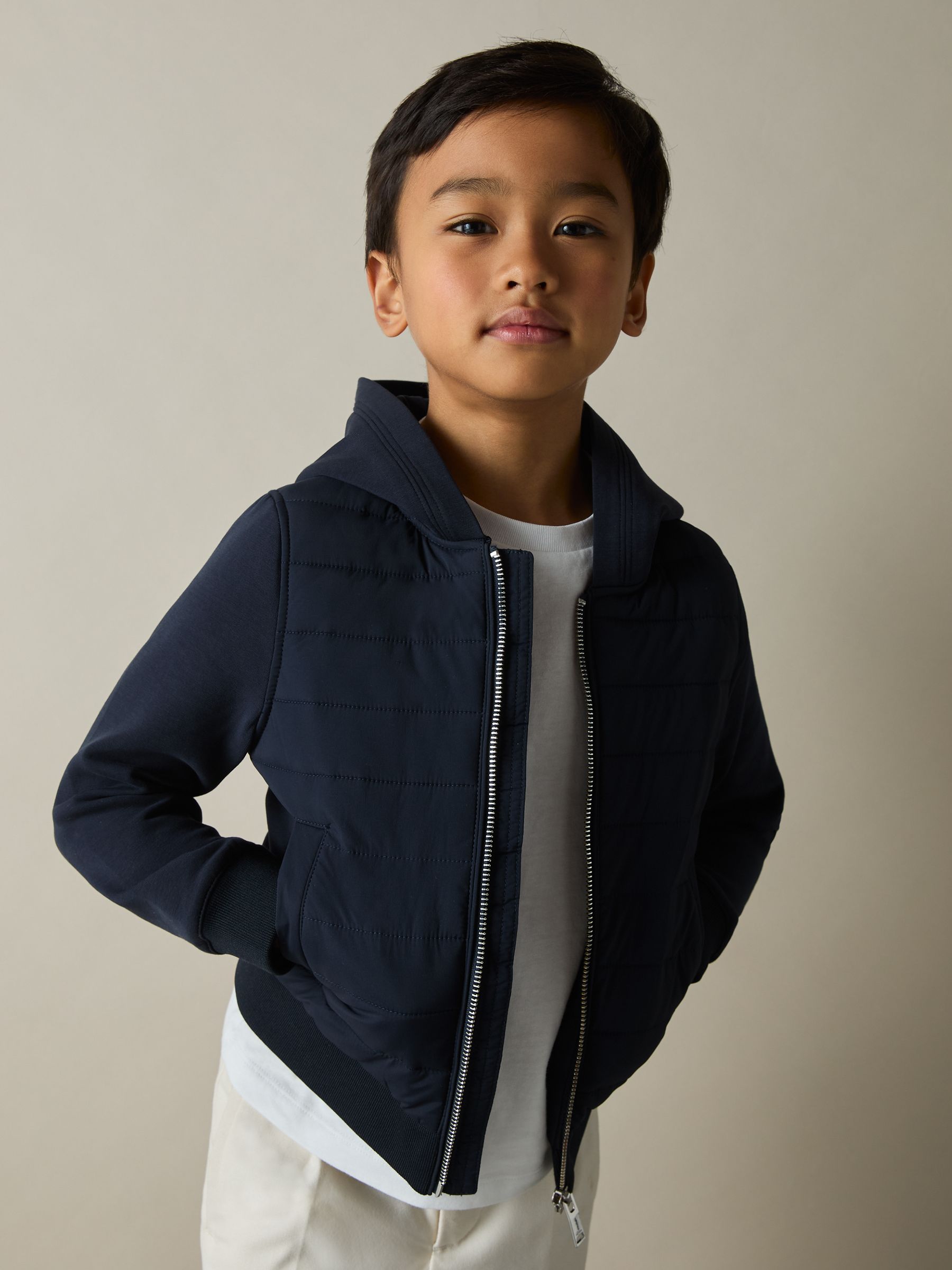 9-13 yrs Interlock Hybrid Hooded Puffer Jacket in Navy