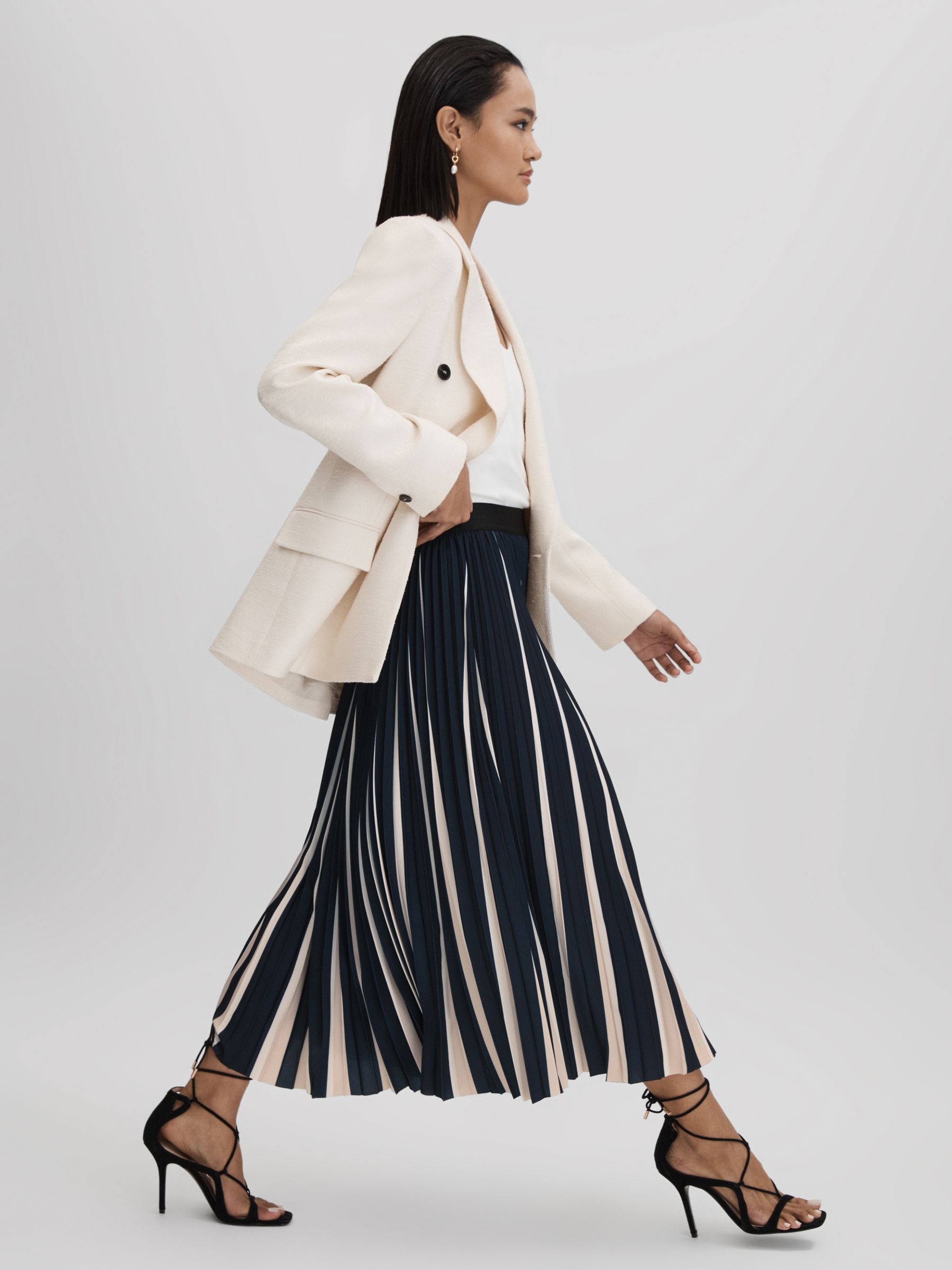 Pleated Striped Midi Skirt in Navy/Cream