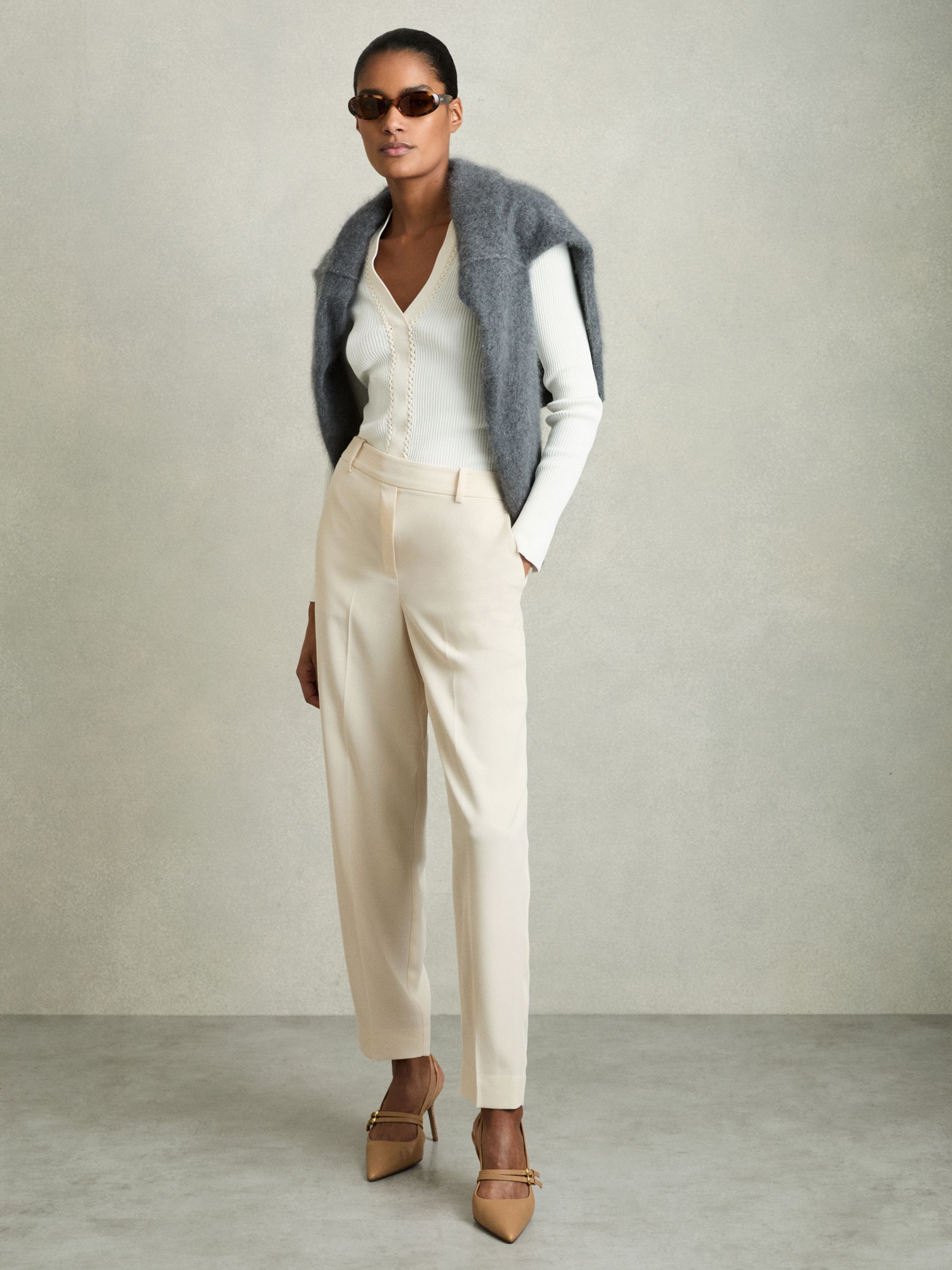 Tapered Elasticated-Waist Trousers in Cream