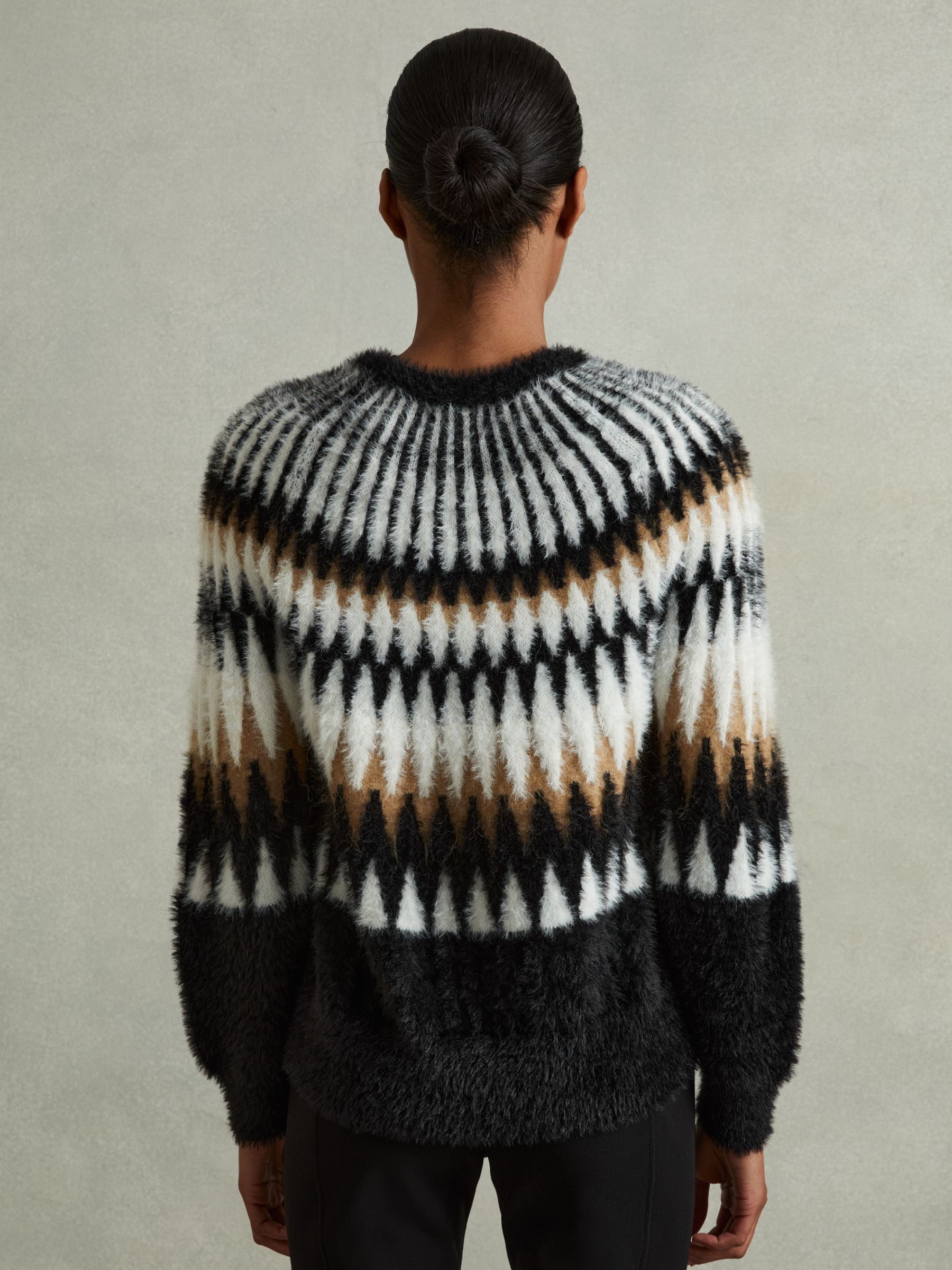 Fuzzy Fairisle Pattern Crew Neck Jumper in Black/Camel