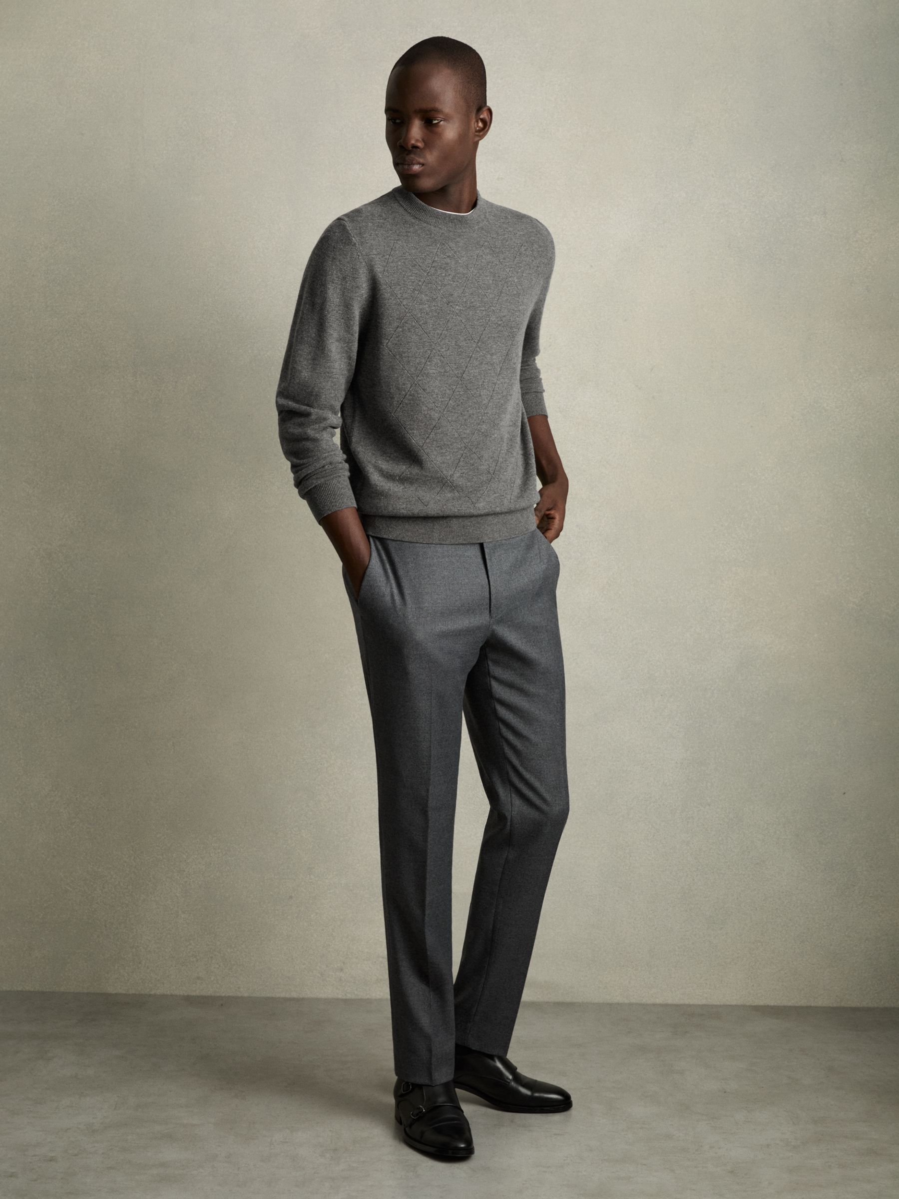 Wool Argyle Crew-Neck Jumper in Mid Grey Melange