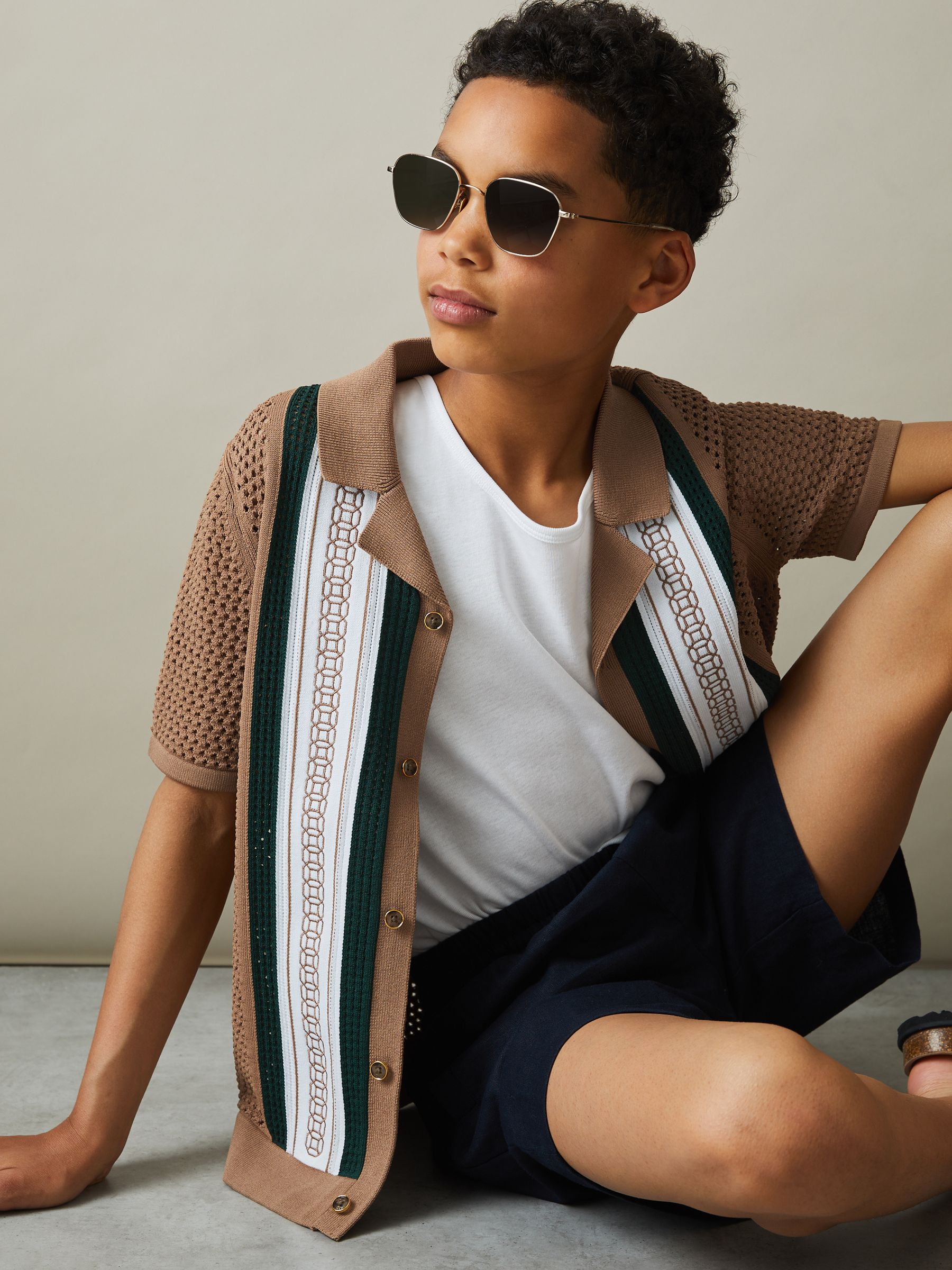 9-13 yrs Embroidered Cuban Collar Shirt in Camel/Green