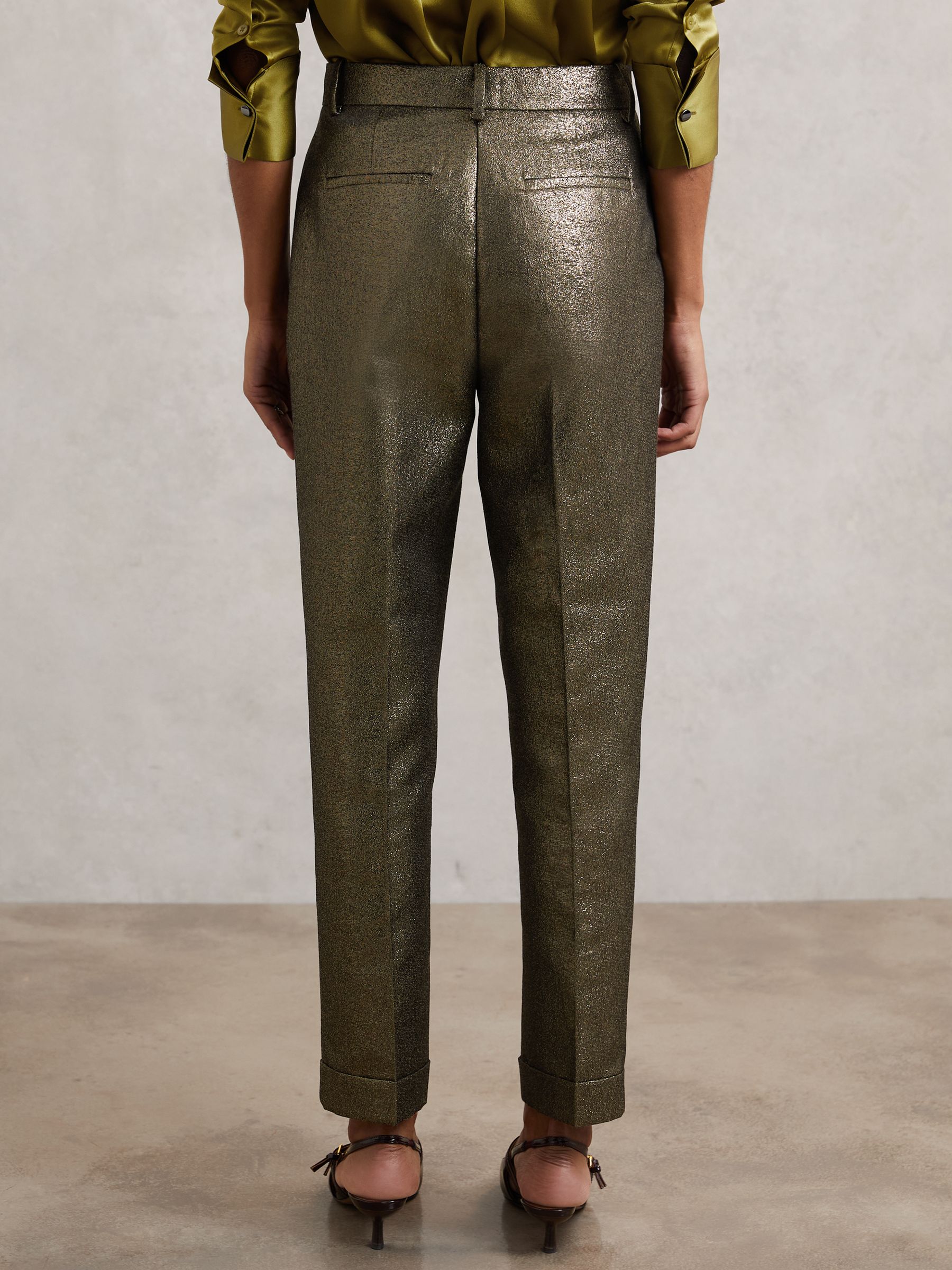 Tapered Metallic Suit Trousers with Cotton in Gold