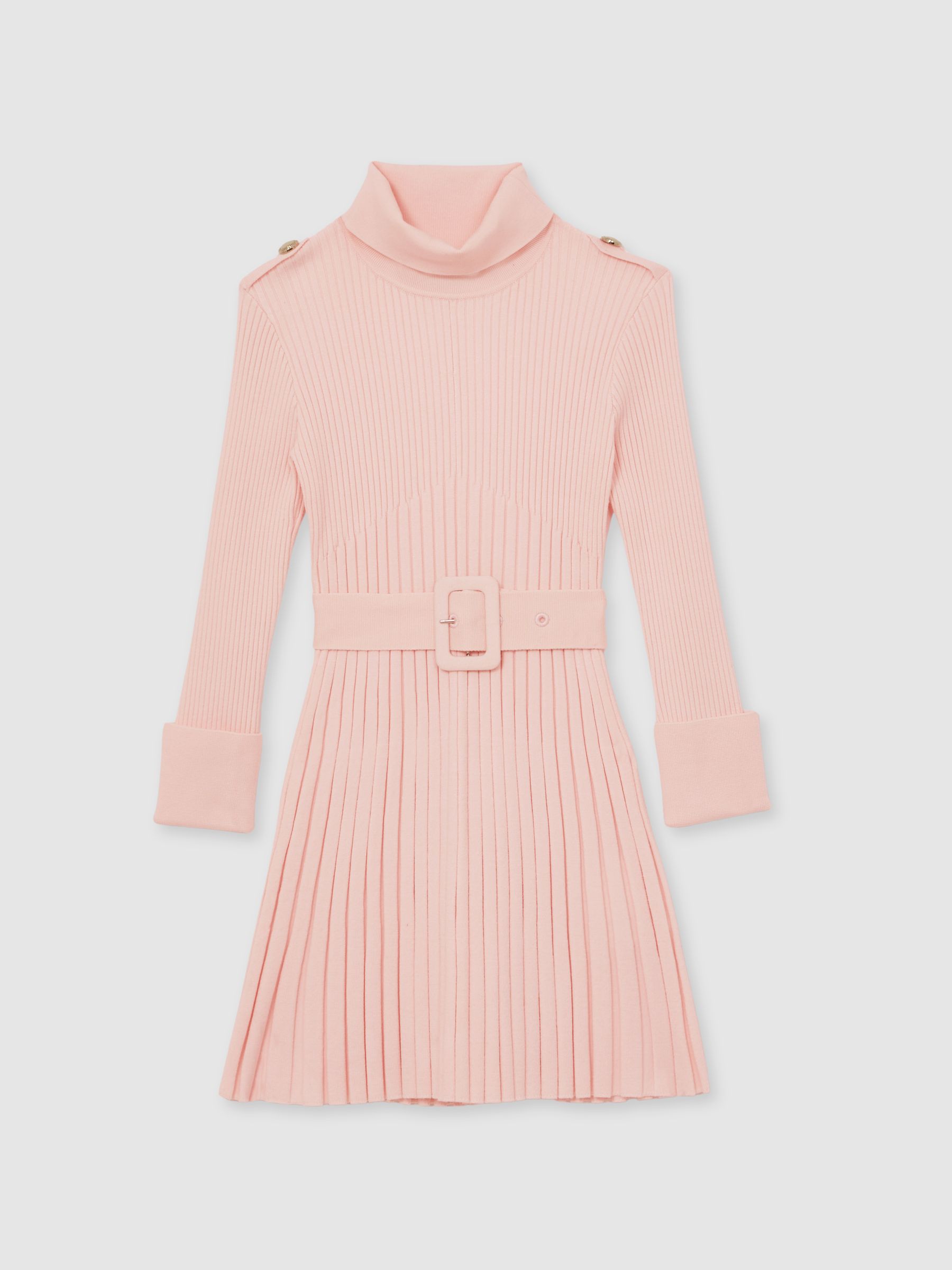 9-13 yrs Rib-Knit Roll-Neck Belted Dress in Pink