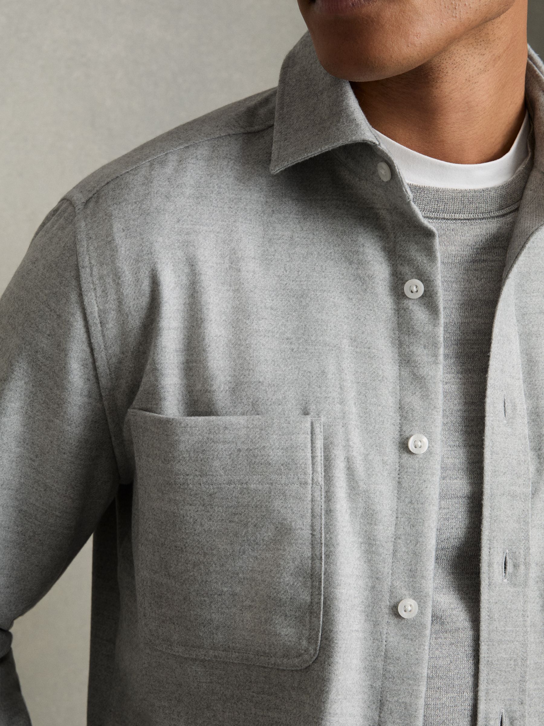 Twin-Pocket Button-Through Overshirt in Soft Grey Melange